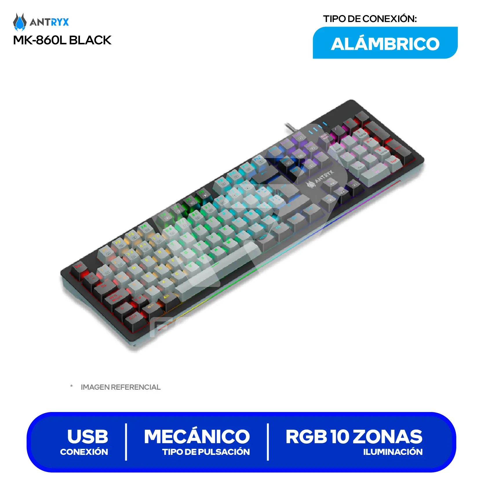 Teclado Gamer Antryx MK-860L Negro ( AMK-860LKGBLR1-SP ) Mecánico, RGB, Switch Blue
