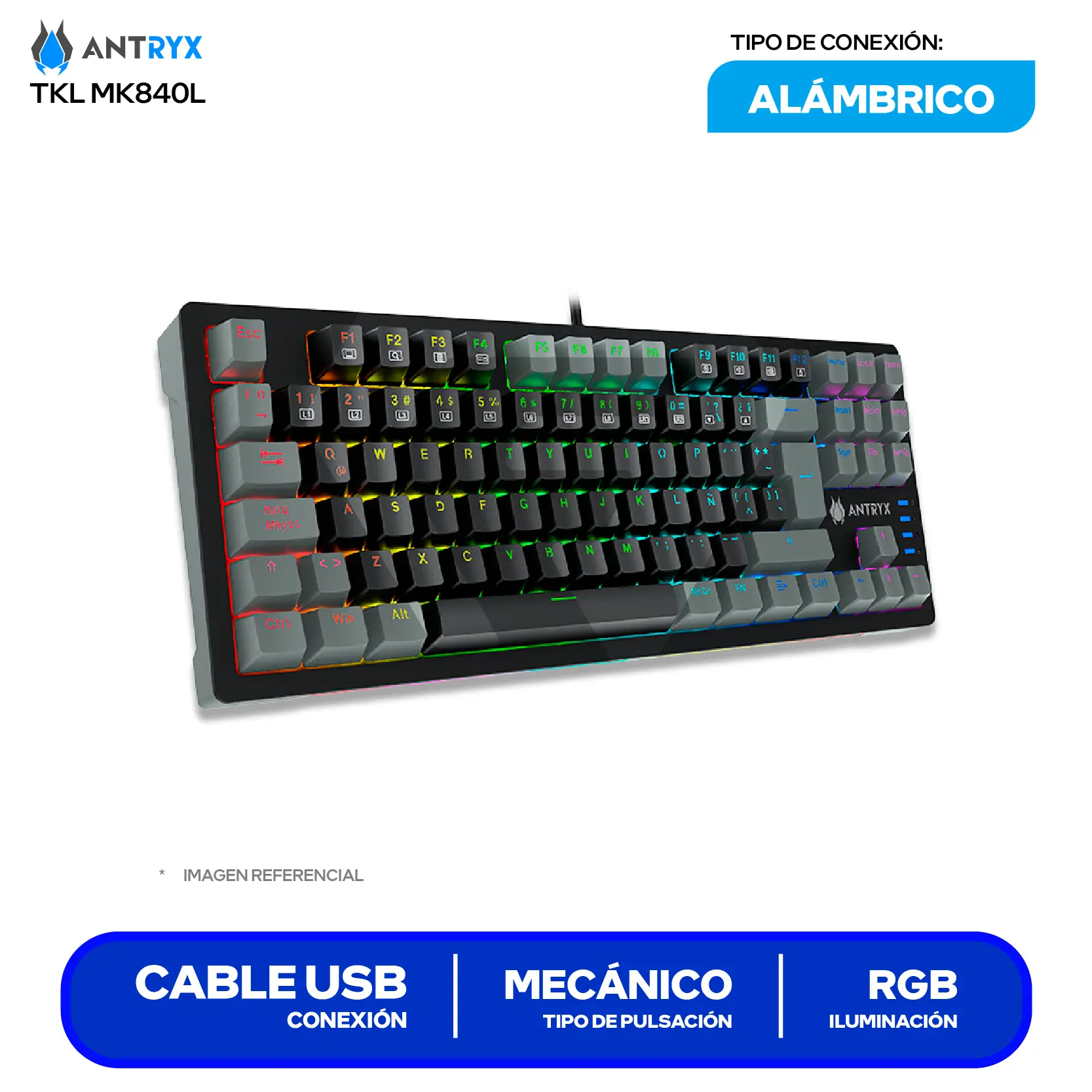 Teclado Gamer Antryx MK-840L Negro C/ Gris ( AMK-840LKGRER1-SP ) Switch Red, Mecánico RGB