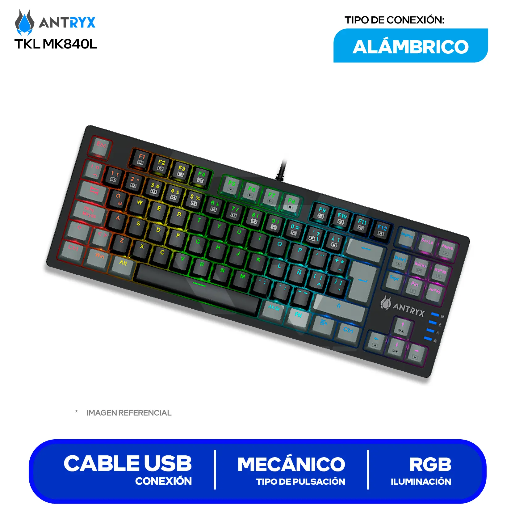 Teclado Gamer Antryx MK-840L Negro C/ Gris ( AMK-840LKGRER1-SP ) Switch Red, Mecánico RGB
