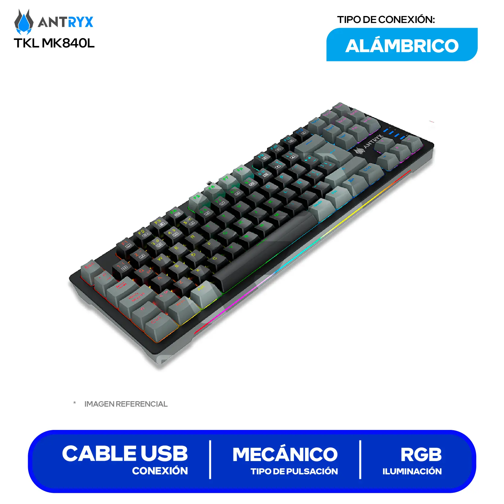 Teclado Gamer Antryx MK-840L Negro C/ Gris ( AMK-840LKGRER1-SP ) Switch Red, Mecánico RGB