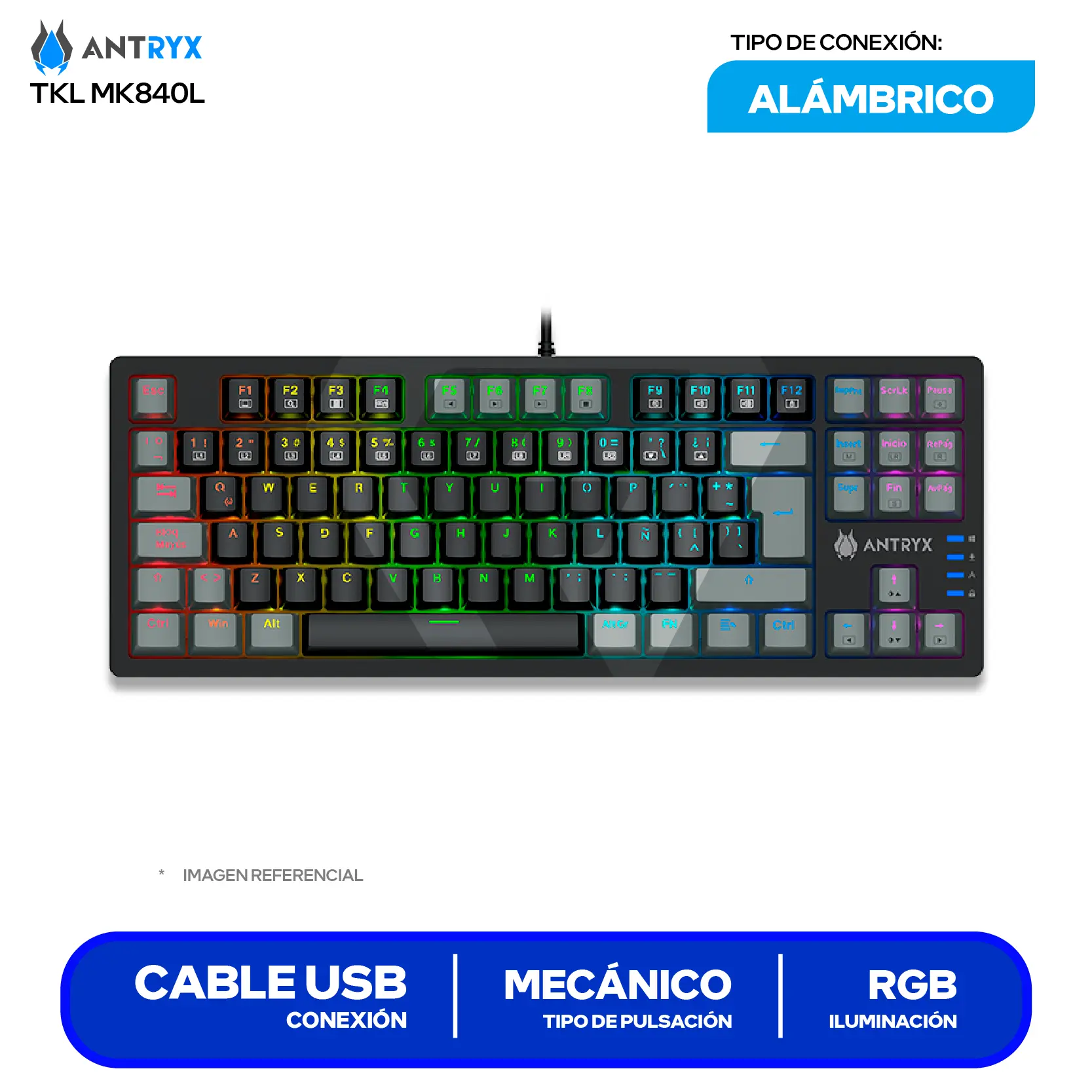 Teclado Gamer Antryx MK-840L Negro C/ Gris ( AMK-840LKGBLR1-SP )  Switch Blue, Mecánico RGB