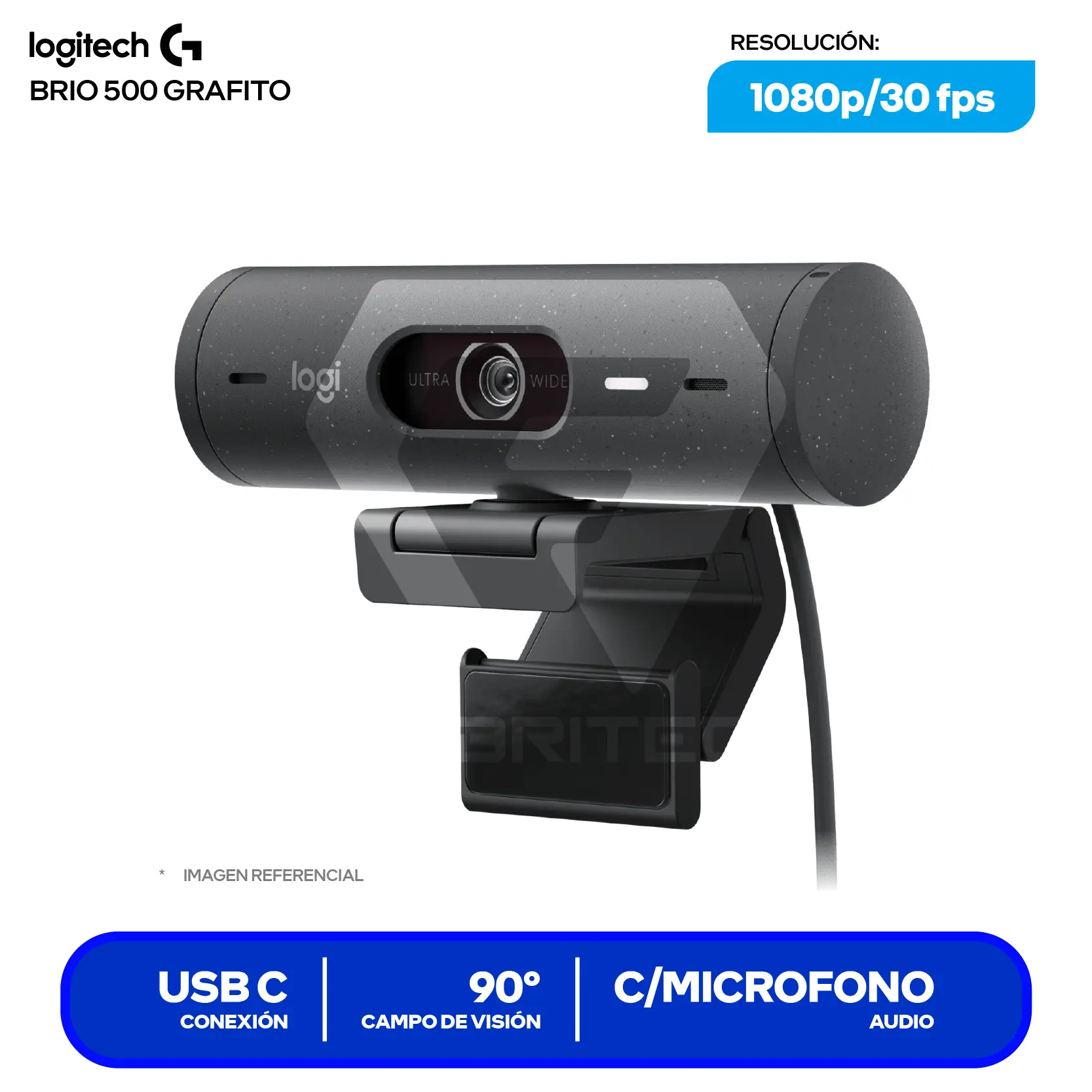 Cámara Web Logitech Brio 500 Negro (960-001412) Full HD 1080p, Micrófono integrado