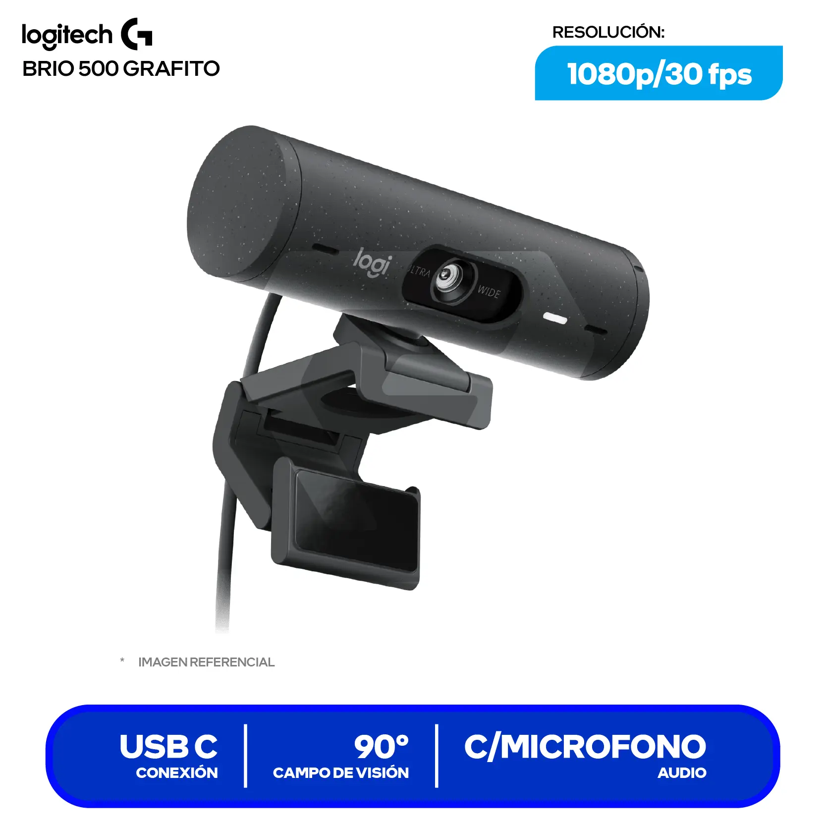 Cámara Web Logitech Brio 500 Negro (960-001412) Full HD 1080p, Micrófono integrado