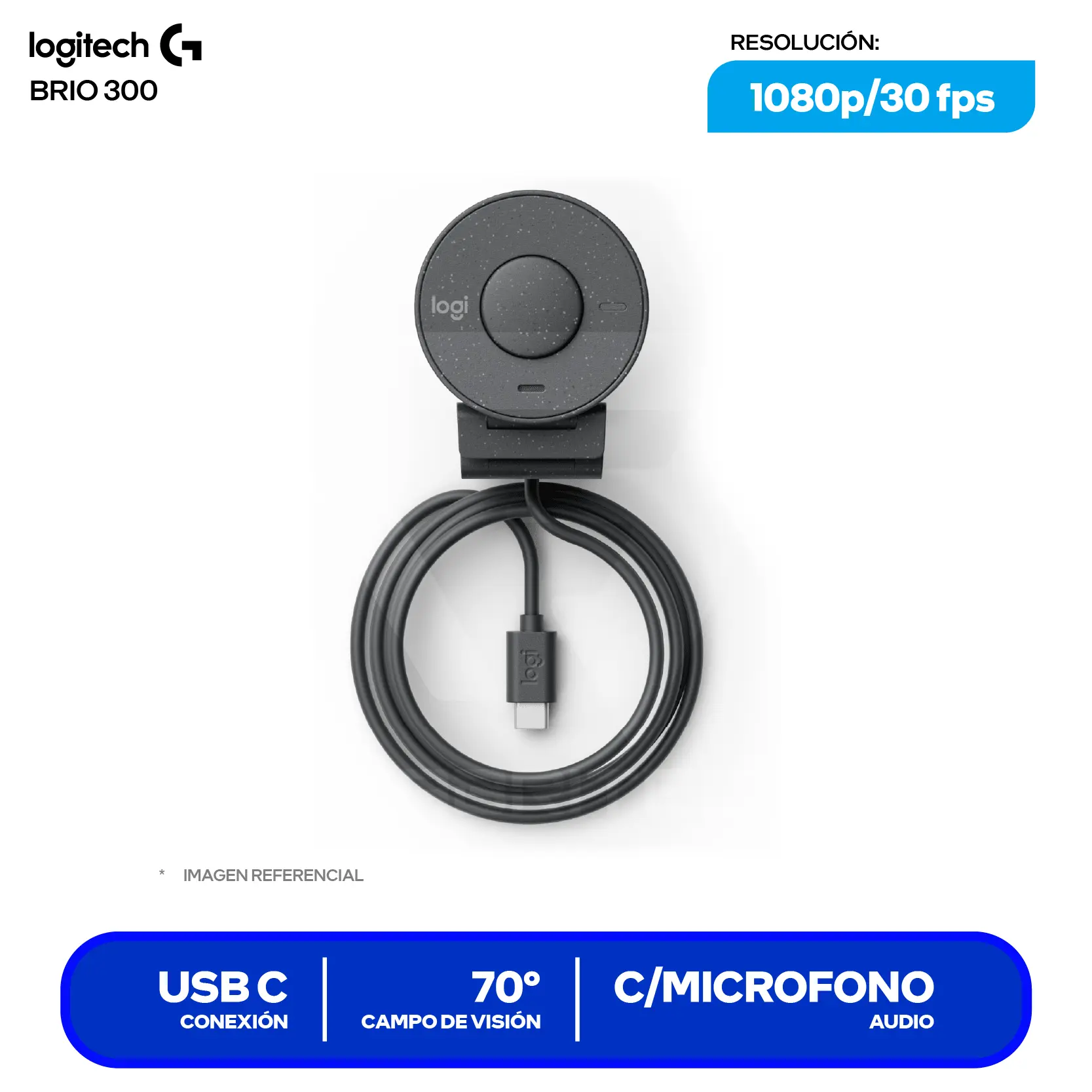 Cámara Web Logitech Brio 300 Grafito (960-001413) Full HD 1080p, Micrófono integrado
