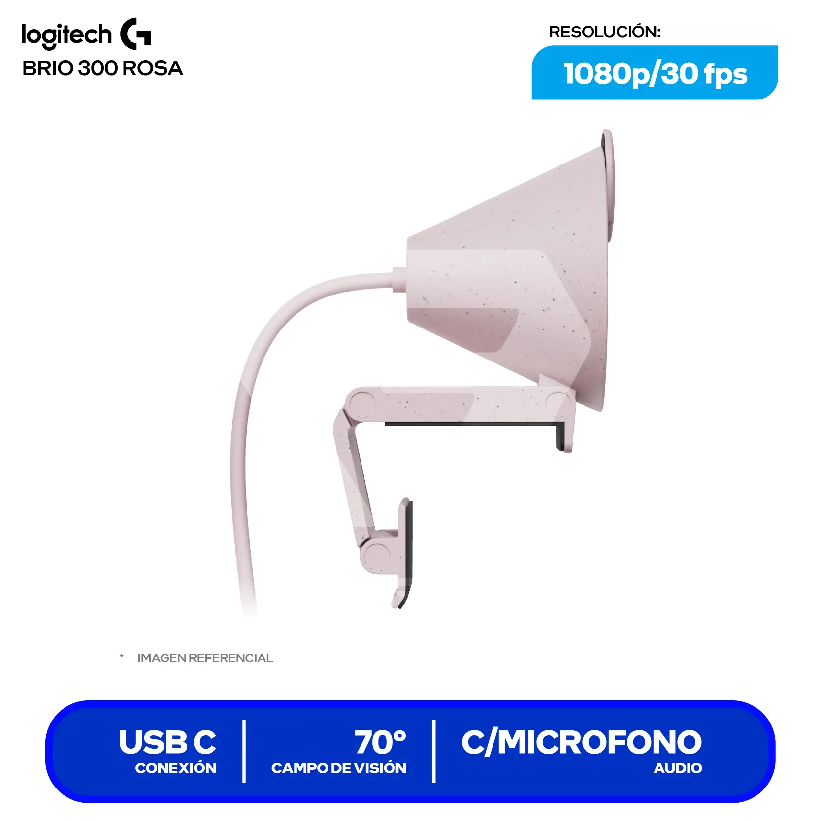 Cámara Web Logitech Brio 300 Rosa (960-001446)  Full HD 1080p, Micrófono integrado