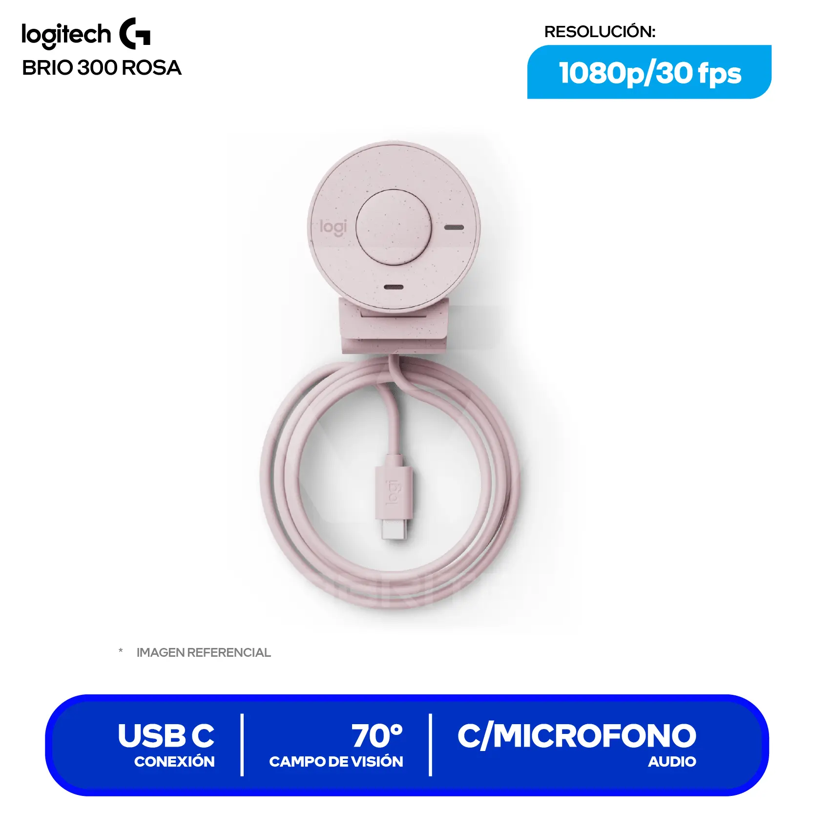 Cámara Web Logitech Brio 300 Rosa (960-001446)  Full HD 1080p, Micrófono integrado
