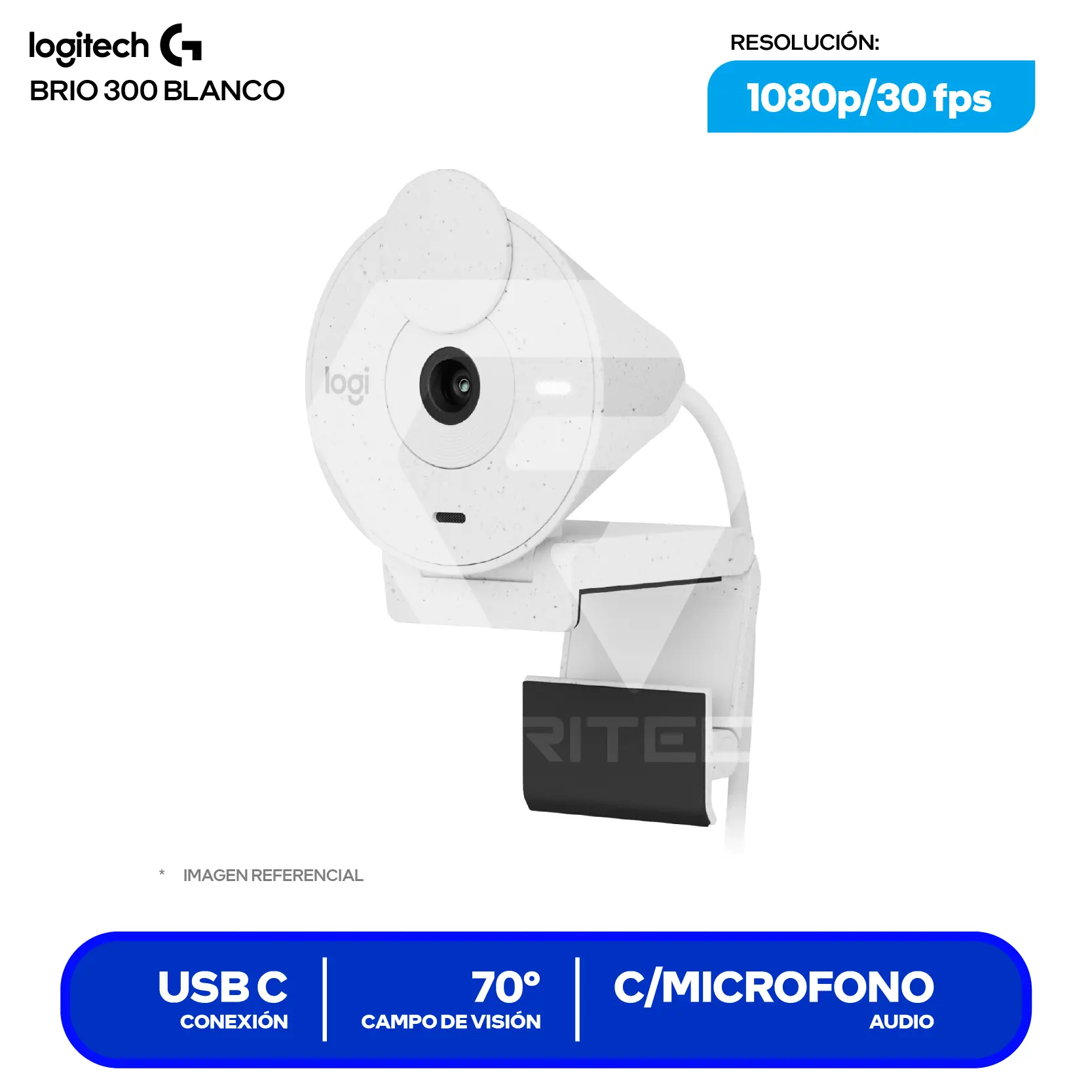 Cámara Web Logitech Brio 300 Blanco Crudo (960-001440)  Full HD 1080p, Micrófono integrado