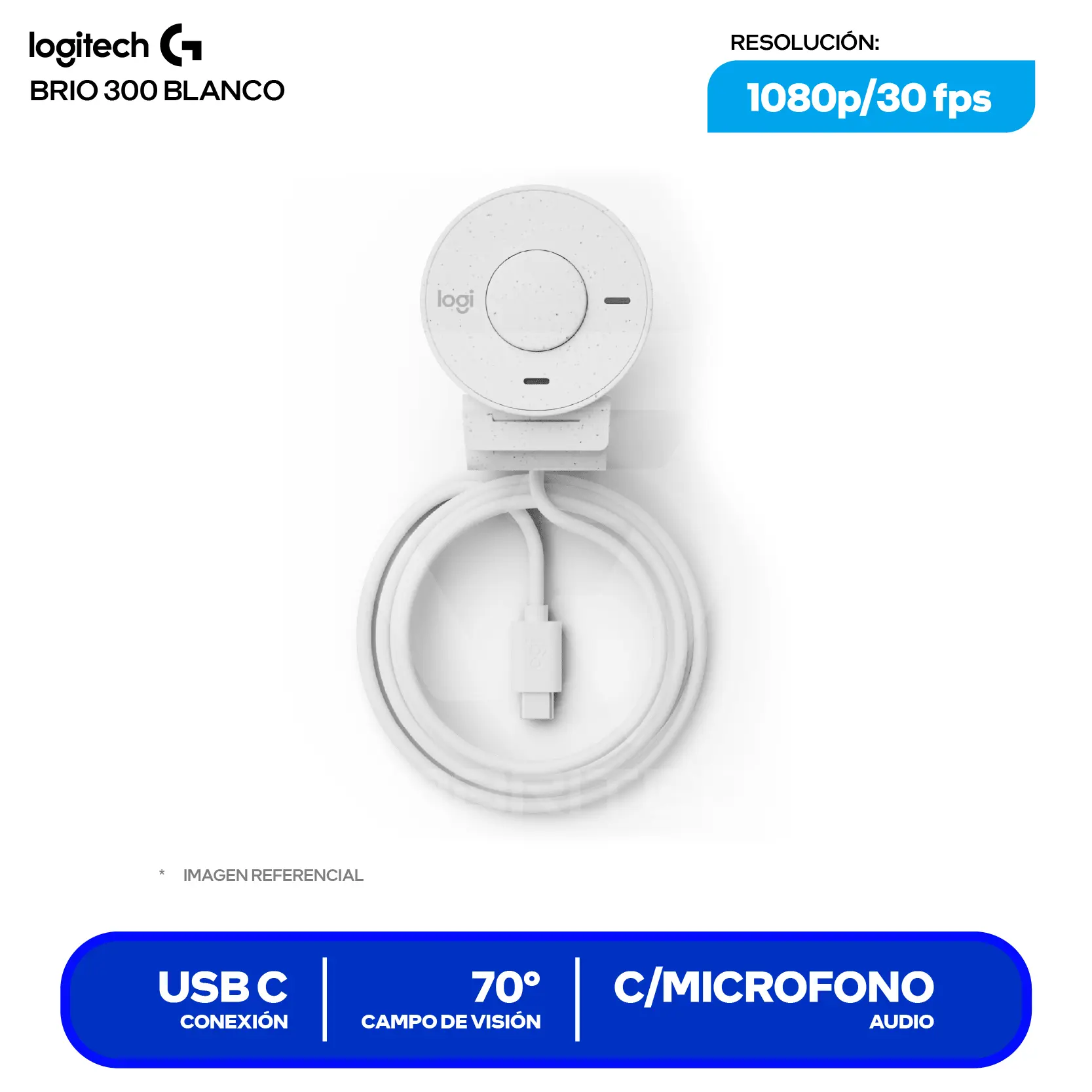 Cámara Web Logitech Brio 300 Blanco Crudo (960-001440)  Full HD 1080p, Micrófono integrado
