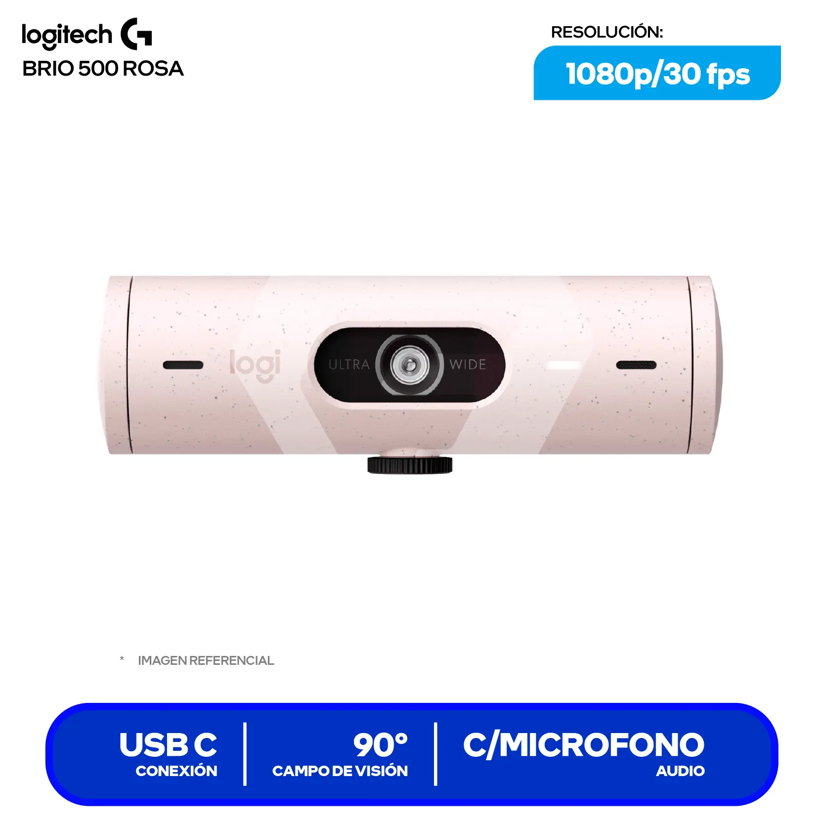 Cámara Web Logitech Brio 500 Rosa (960-001418)  Full HD 1080p, Micrófono integrado