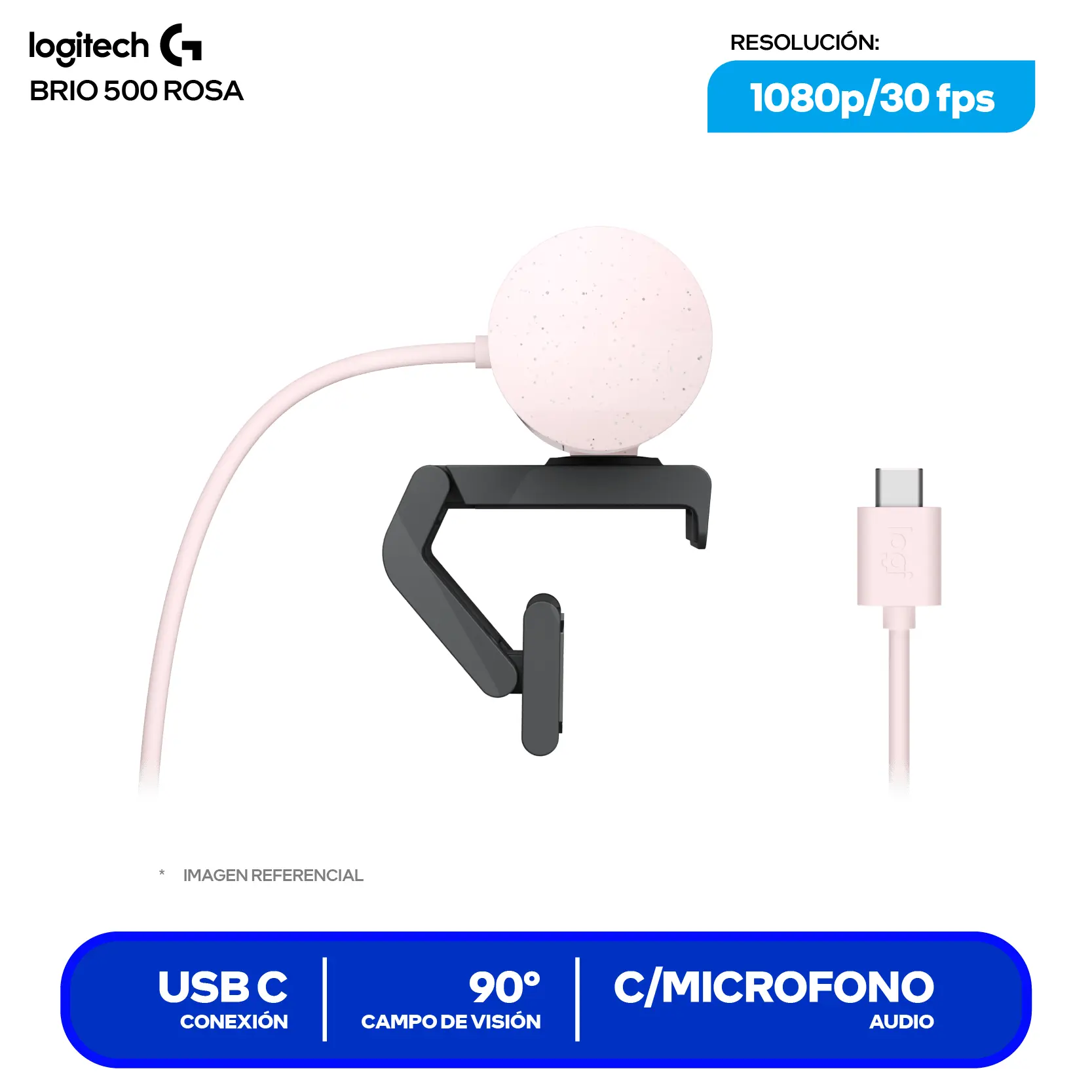 Cámara Web Logitech Brio 500 Rosa (960-001418)  Full HD 1080p, Micrófono integrado