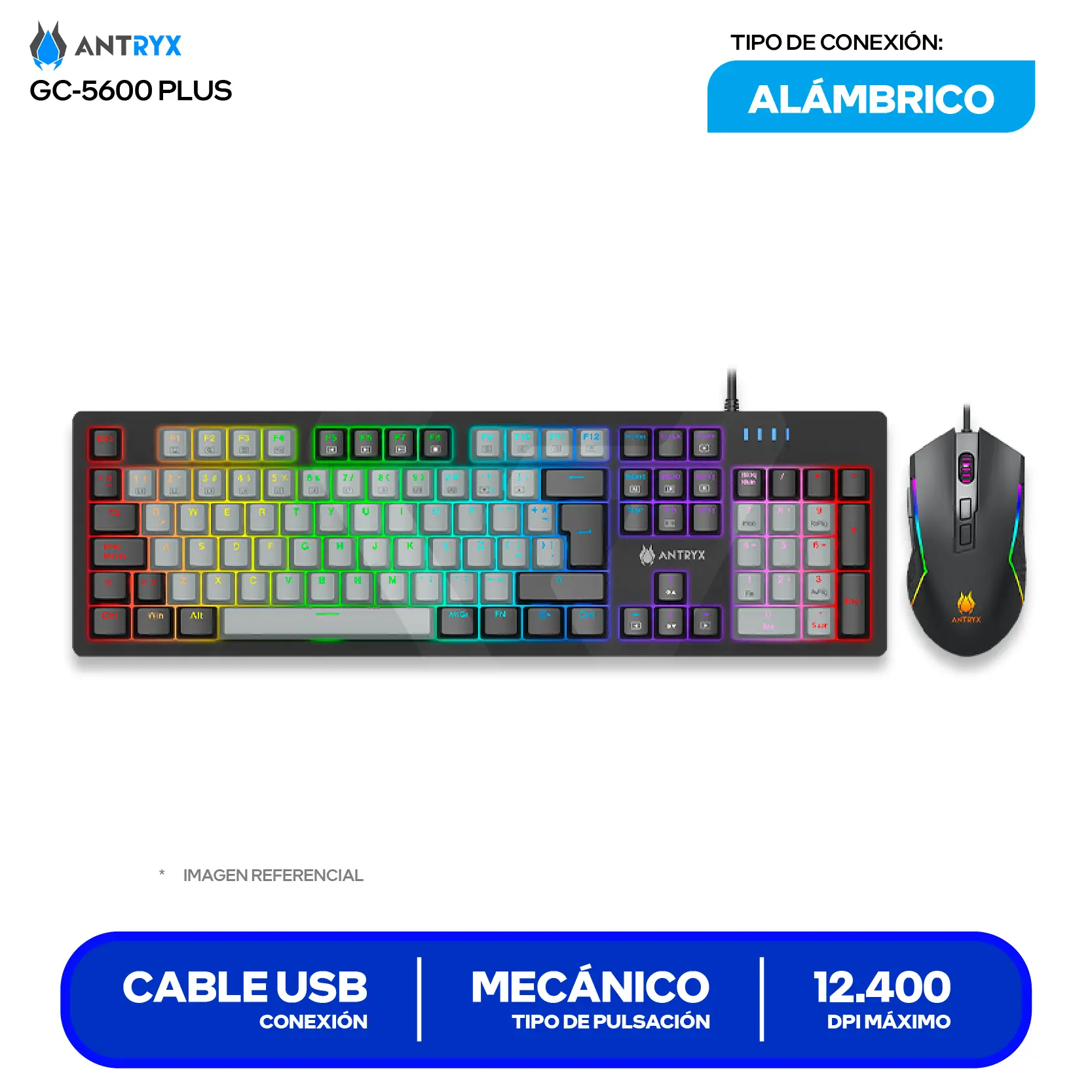 Kit Teclado + Mouse Gamer Antryx GC-5600 Plus (AGC-5650KBL-SP) Switch Blue, RGB, 12400 DPI
