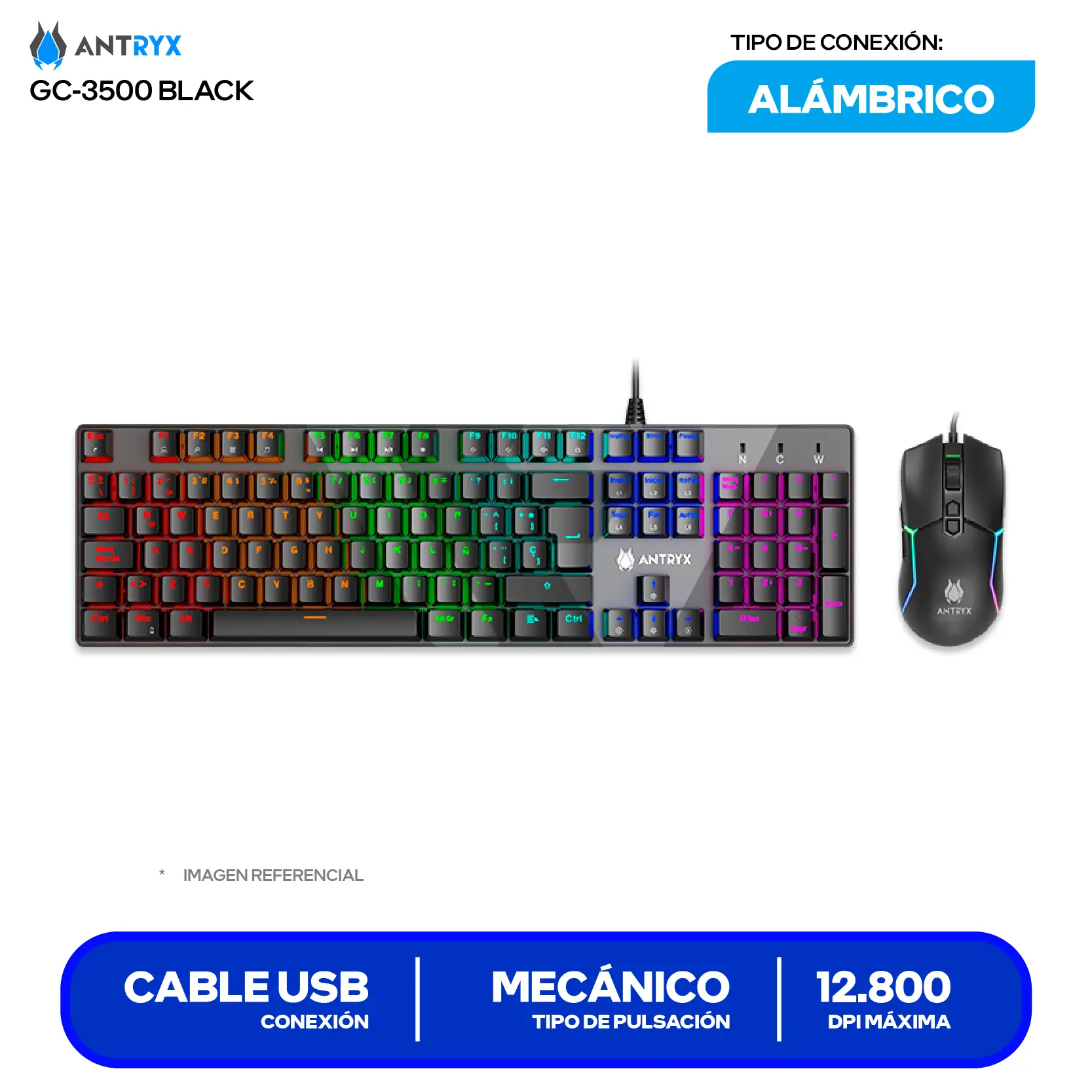 Kit Teclado + Mouse Gamer Antryx GC-3500 (AGC-3500KRE-SP) Switch Red, RGB, 12800 DPI
