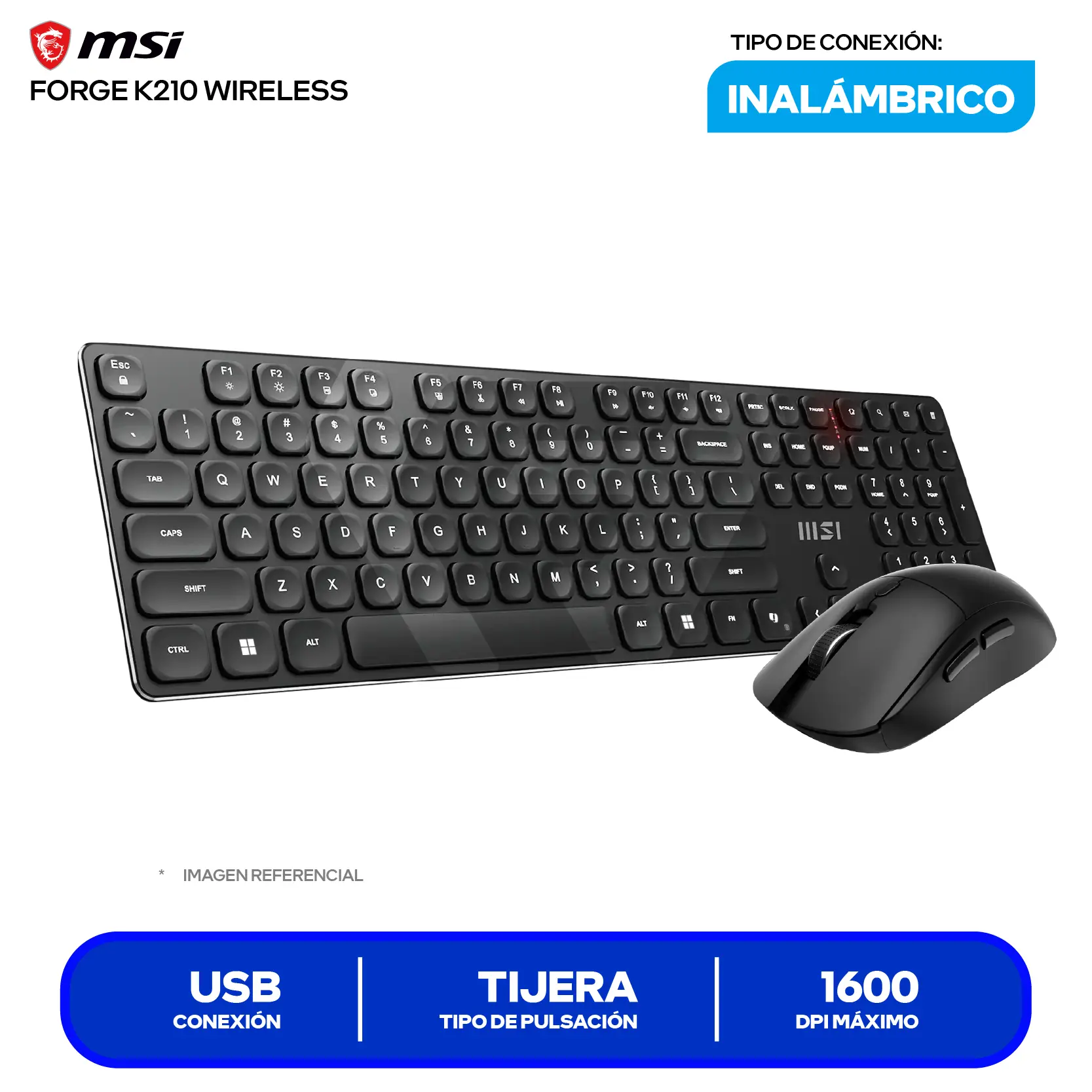 Kit Teclado + Mouse Inalámbrico MSI Forge K210 Wireless (FORGE K210 W) USB, 1600 DPI