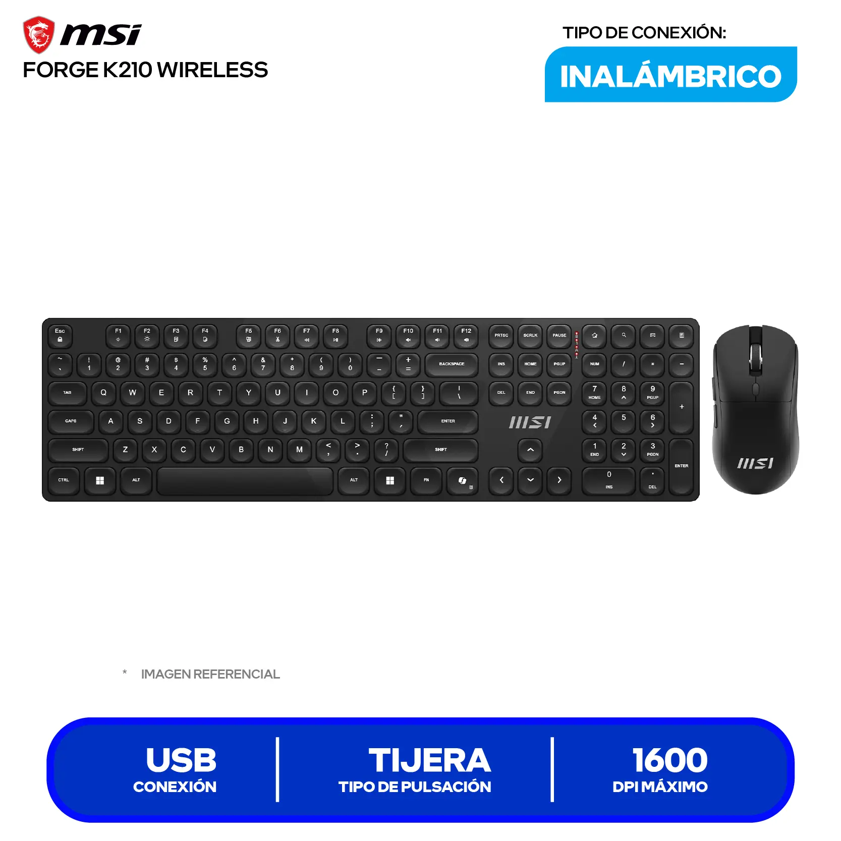 Kit Teclado + Mouse Inalámbrico MSI Forge K210 Wireless (FORGE K210 W) USB, 1600 DPI