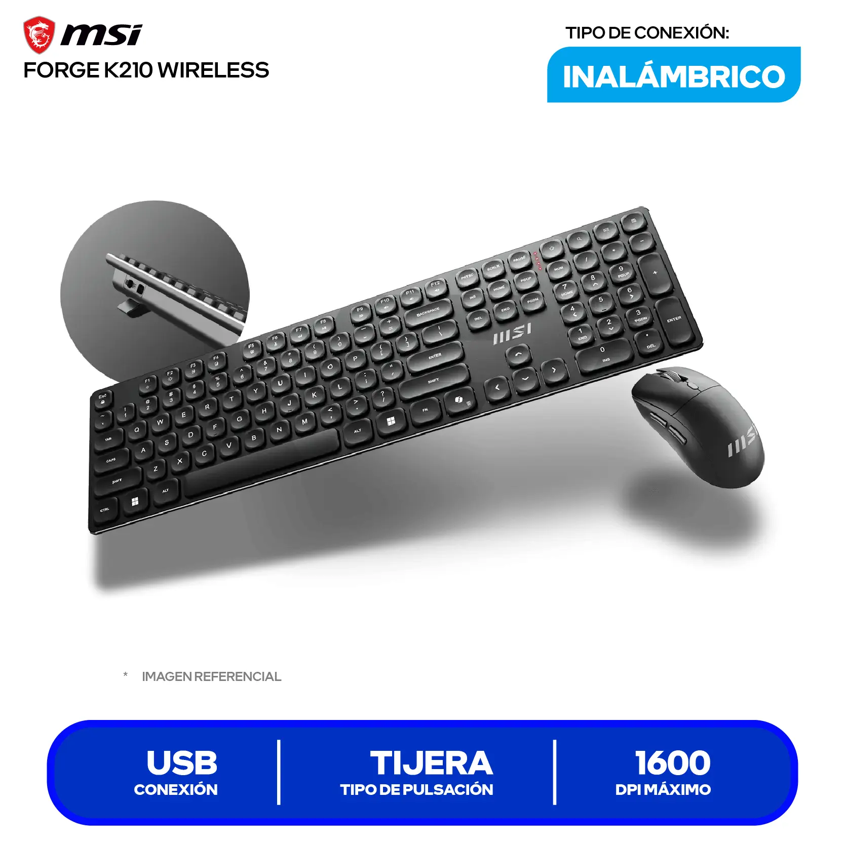 Kit Teclado + Mouse Inalámbrico MSI Forge K210 Wireless (FORGE K210 W) USB, 1600 DPI