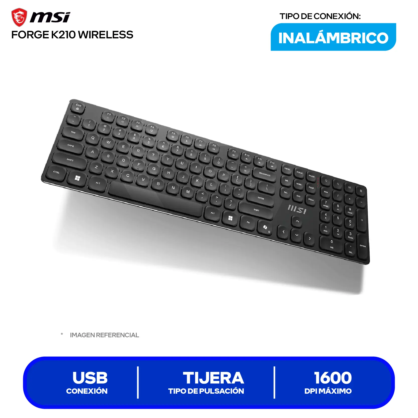 Kit Teclado + Mouse Inalámbrico MSI Forge K210 Wireless (FORGE K210 W) USB, 1600 DPI