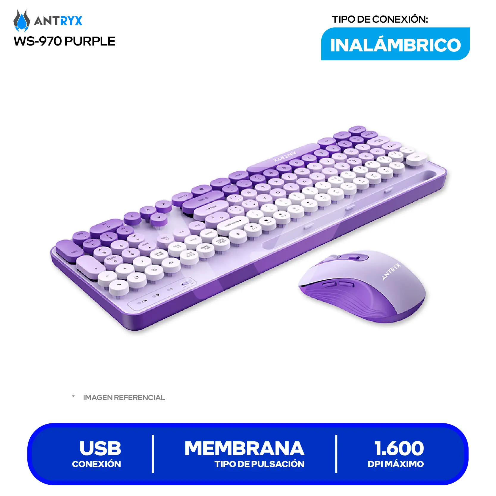Kit Teclado + Mouse Gamer Antryx WS-970 Morado (ASC-WS970PE) USB, 1600 DPI