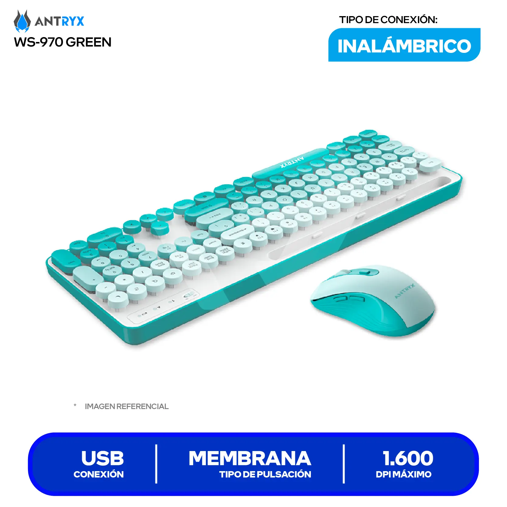 Kit Teclado + Mouse Gamer Antryx WS-970 Verde (ASC-WS970GN) USB, 1600 DPI