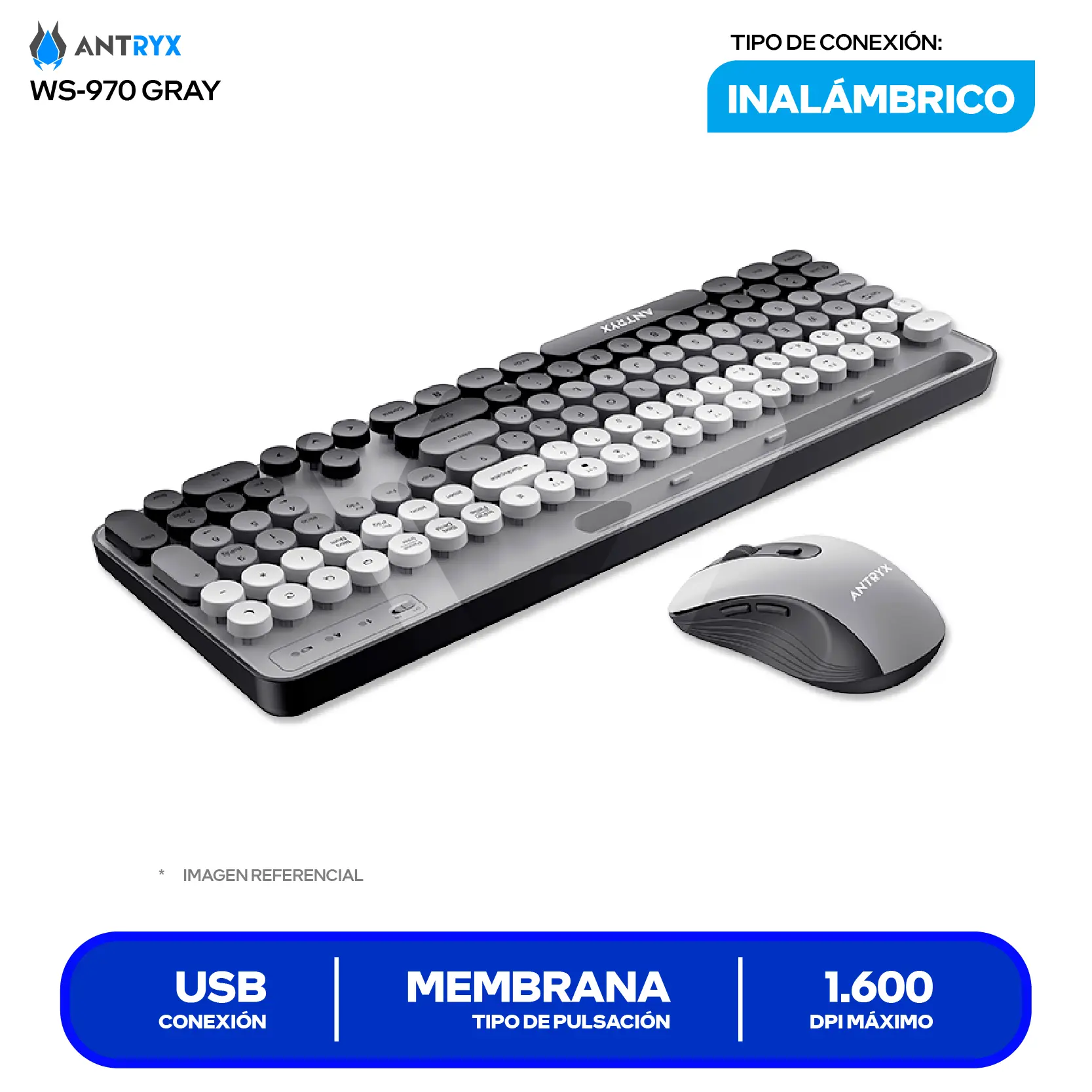 Kit Teclado + Mouse Gamer Antryx WS-970 Gris (ASC-WS970GY) USB, 1600 DPI