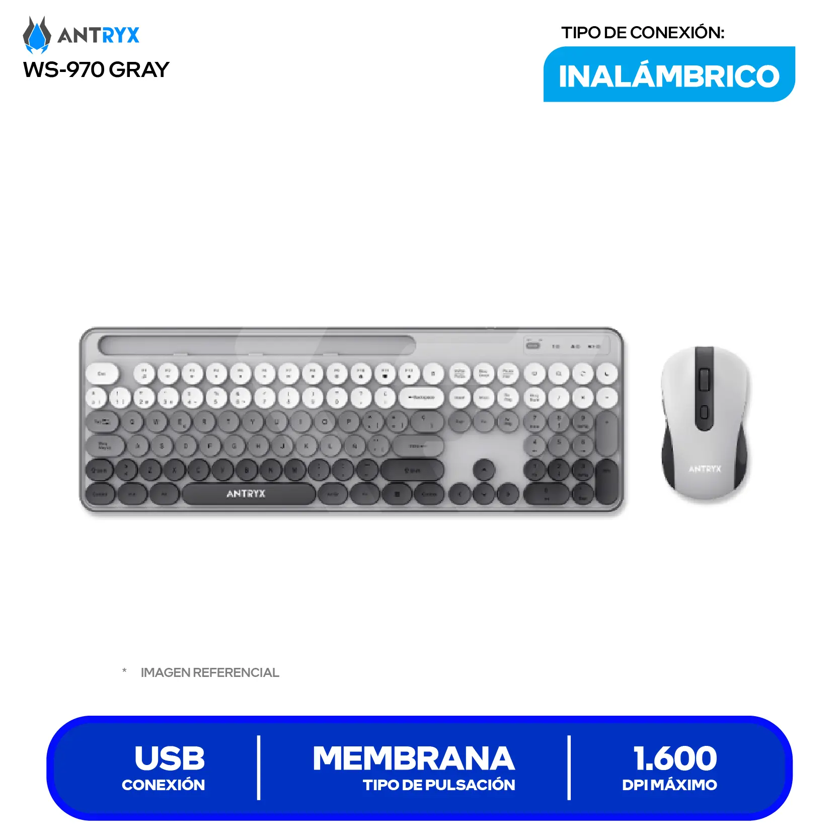Kit Teclado + Mouse Gamer Antryx WS-970 Gris (ASC-WS970GY) USB, 1600 DPI