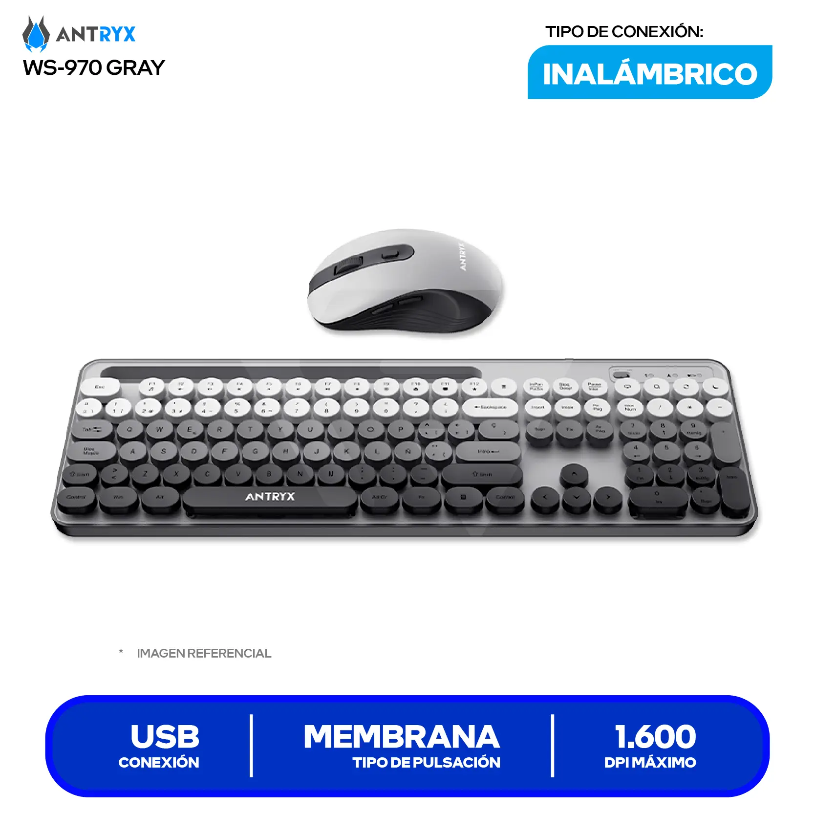 Kit Teclado + Mouse Gamer Antryx WS-970 Gris (ASC-WS970GY) USB, 1600 DPI