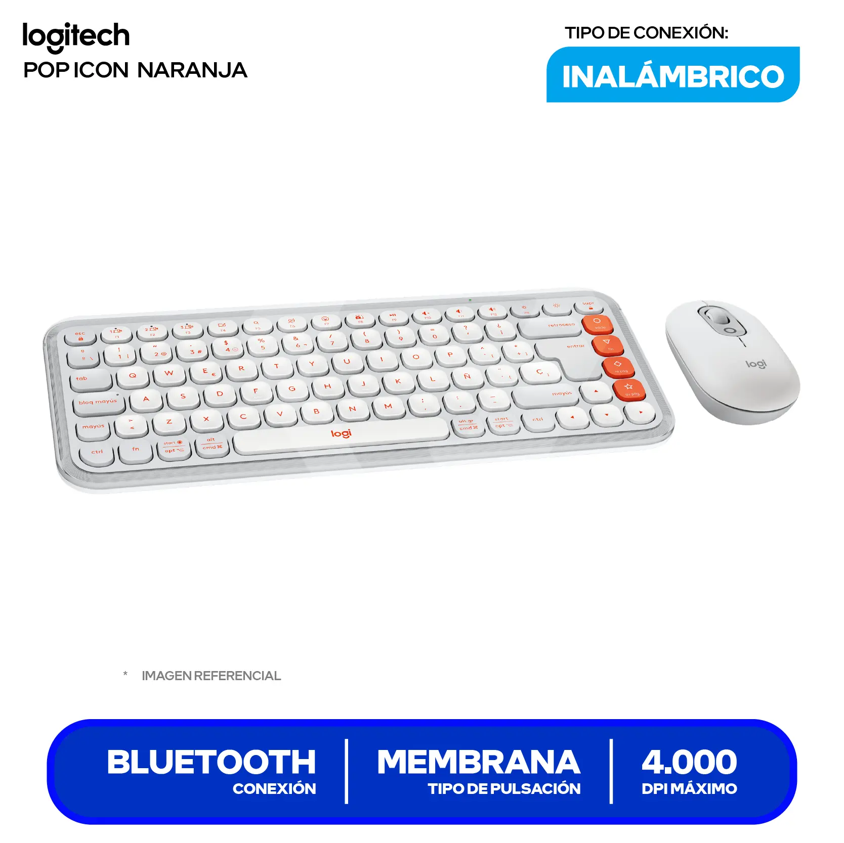 Kit Teclado + Mouse Inalámbrico Logitech POP Icon Blanco y naranja (920-013055) Bluetooth, Multi-Dispositivo