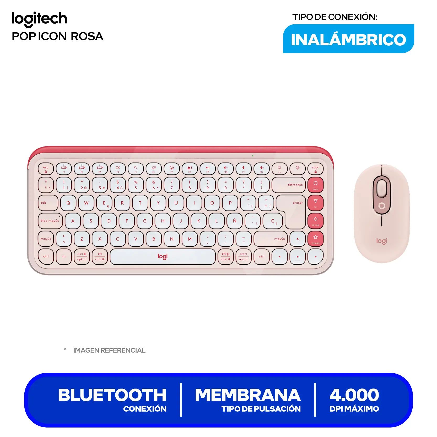 Kit Teclado + Mouse Inalámbrico Logitech POP Icon Rosado y blanco (920-013053) Bluetooth, Multi-Dispositivo