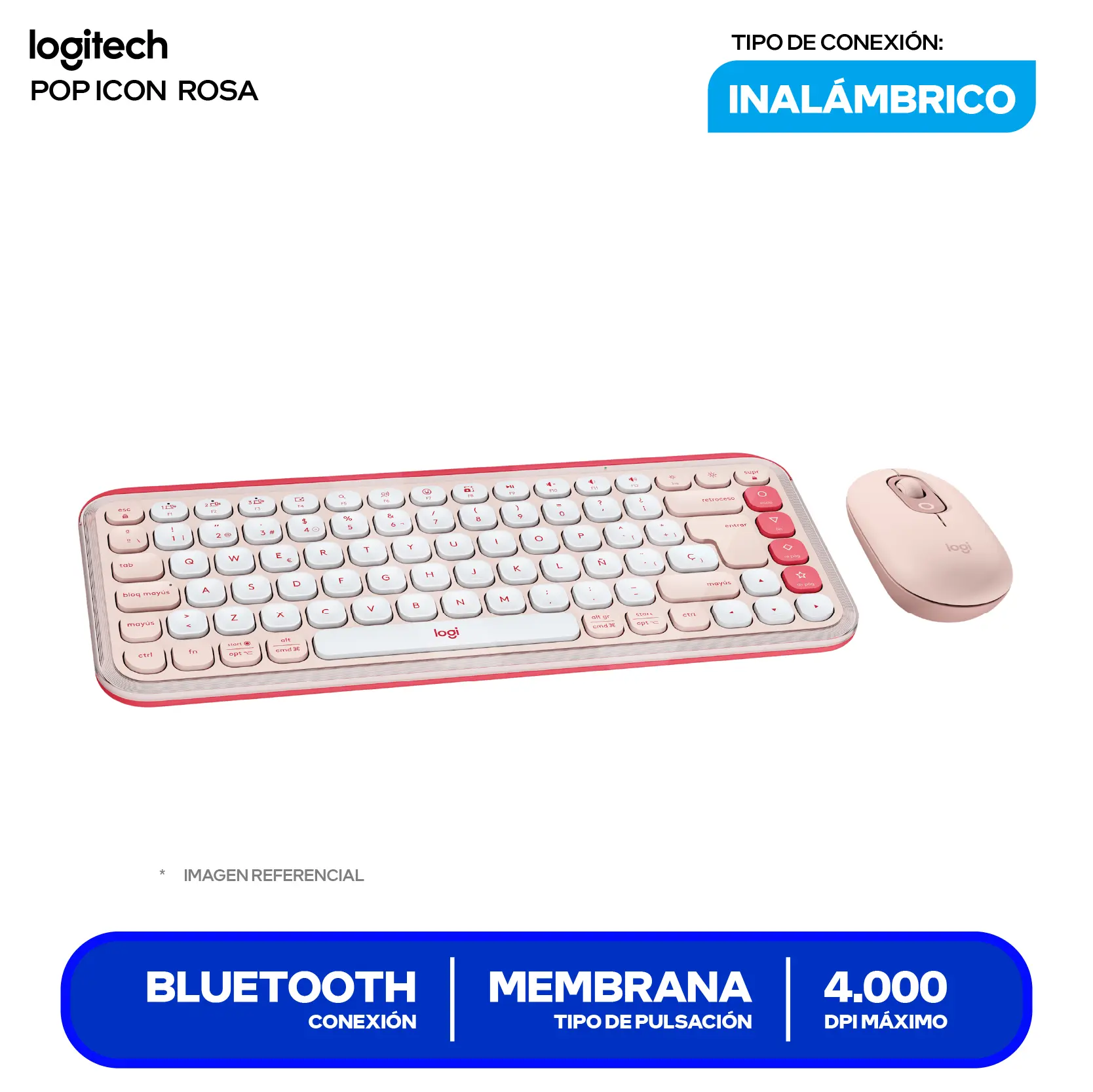 Kit Teclado + Mouse Inalámbrico Logitech POP Icon Rosado y blanco (920-013053) Bluetooth, Multi-Dispositivo