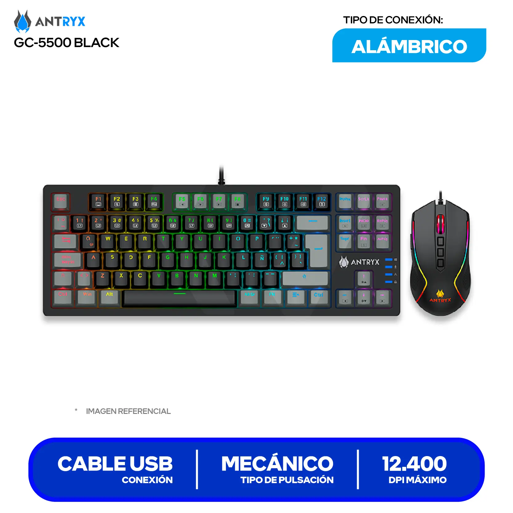 Kit Teclado + Mouse Gamer Antryx GC-5500 (AGC-5500KRE-SP) Switch Red, RGB, 12400 DPI