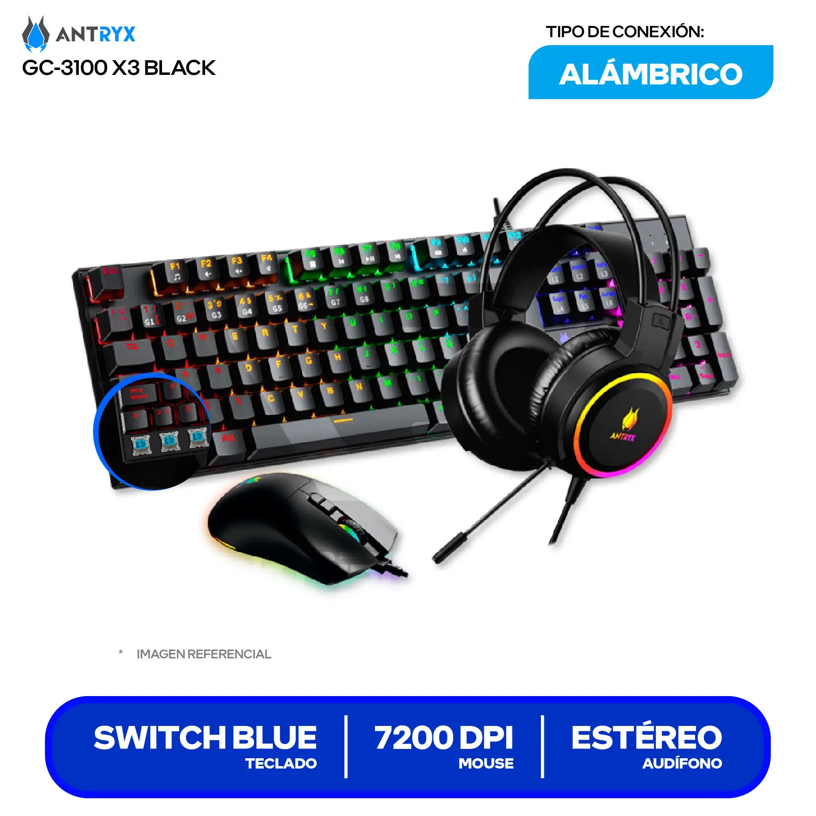 Kit Teclado + Mouse Gamer Antryx GC-3100 X3 Black (AGC-3100X3KBL-SP) Switch Blue, RGB, 7200 DPI