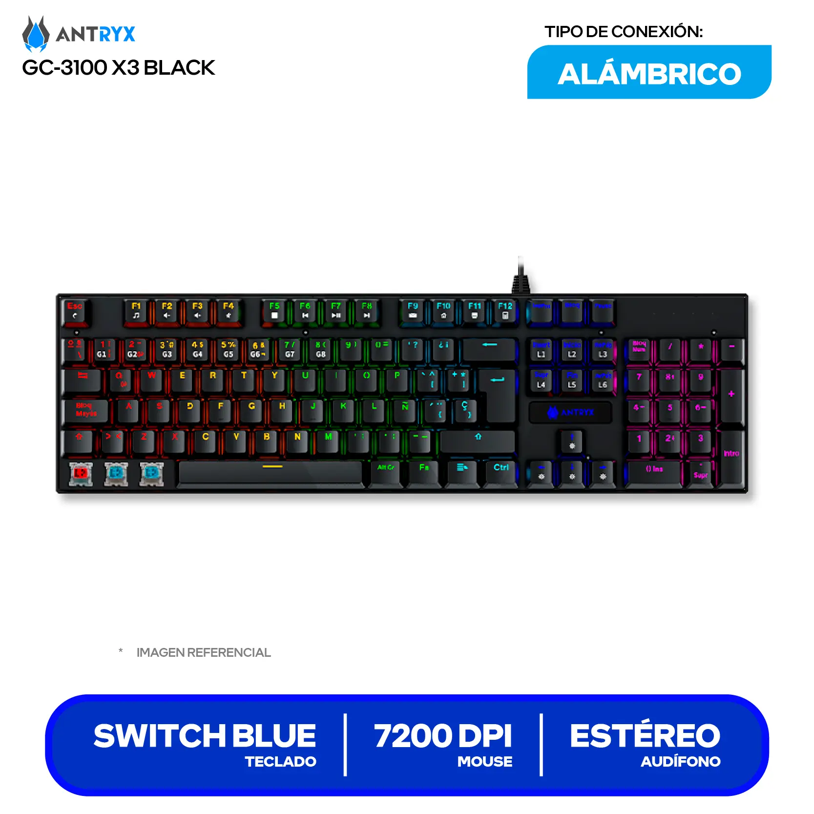 Kit Teclado + Mouse Gamer Antryx GC-3100 X3 Black (AGC-3100X3KBL-SP) Switch Blue, RGB, 7200 DPI