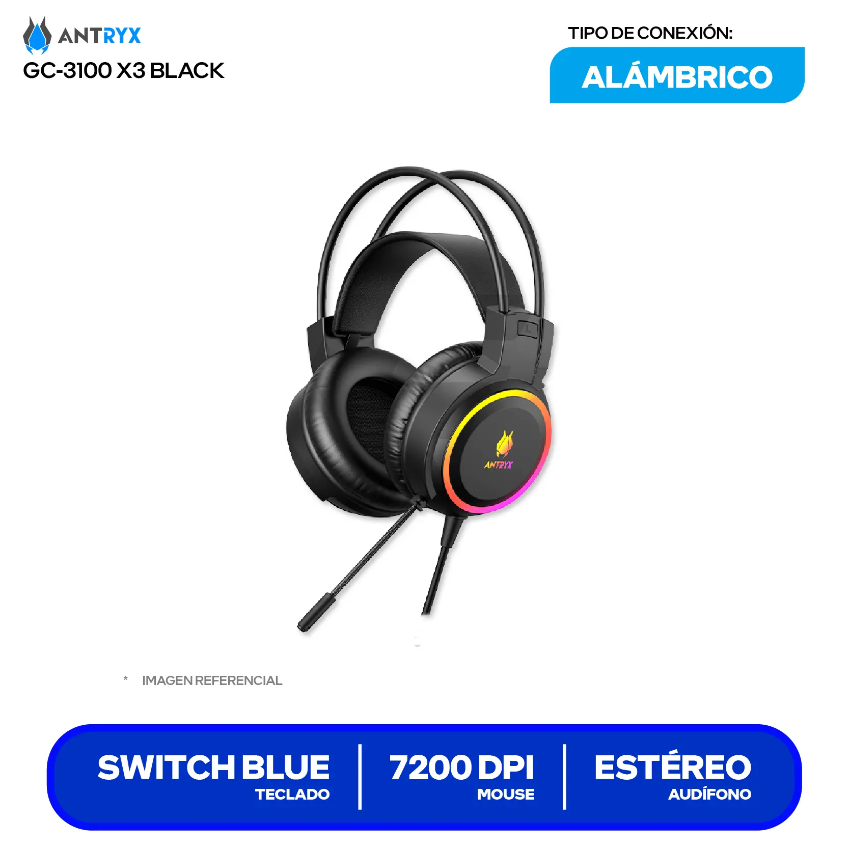 Kit Teclado + Mouse Gamer Antryx GC-3100 X3 Black (AGC-3100X3KBL-SP) Switch Blue, RGB, 7200 DPI