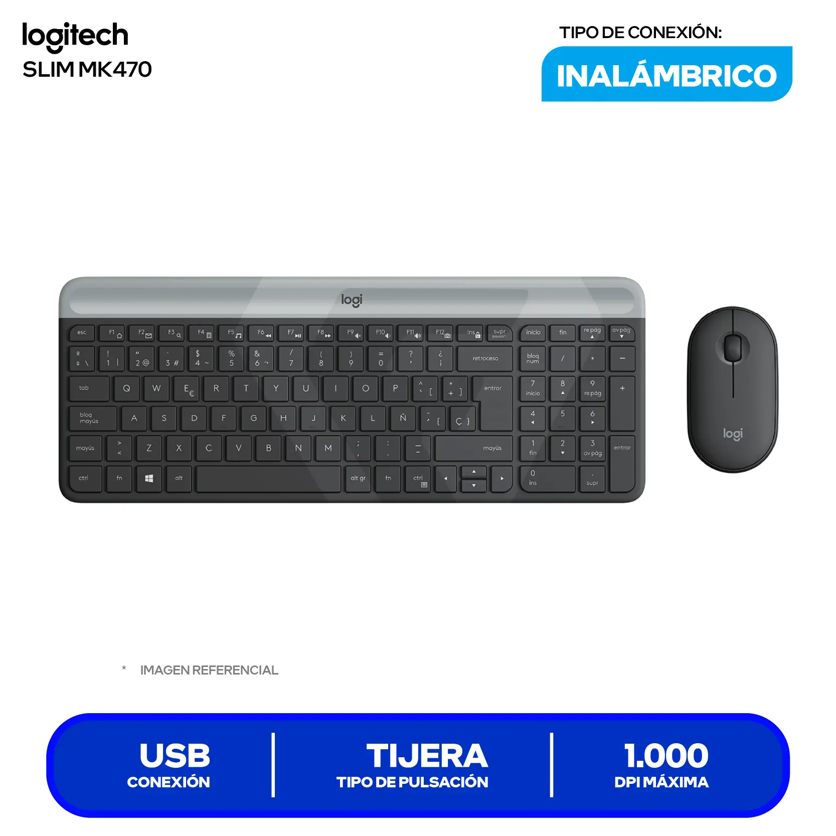 Kit Teclado + Mouse Inalámbrico Logitech Slim MK470 Grafito (920-009266) USB