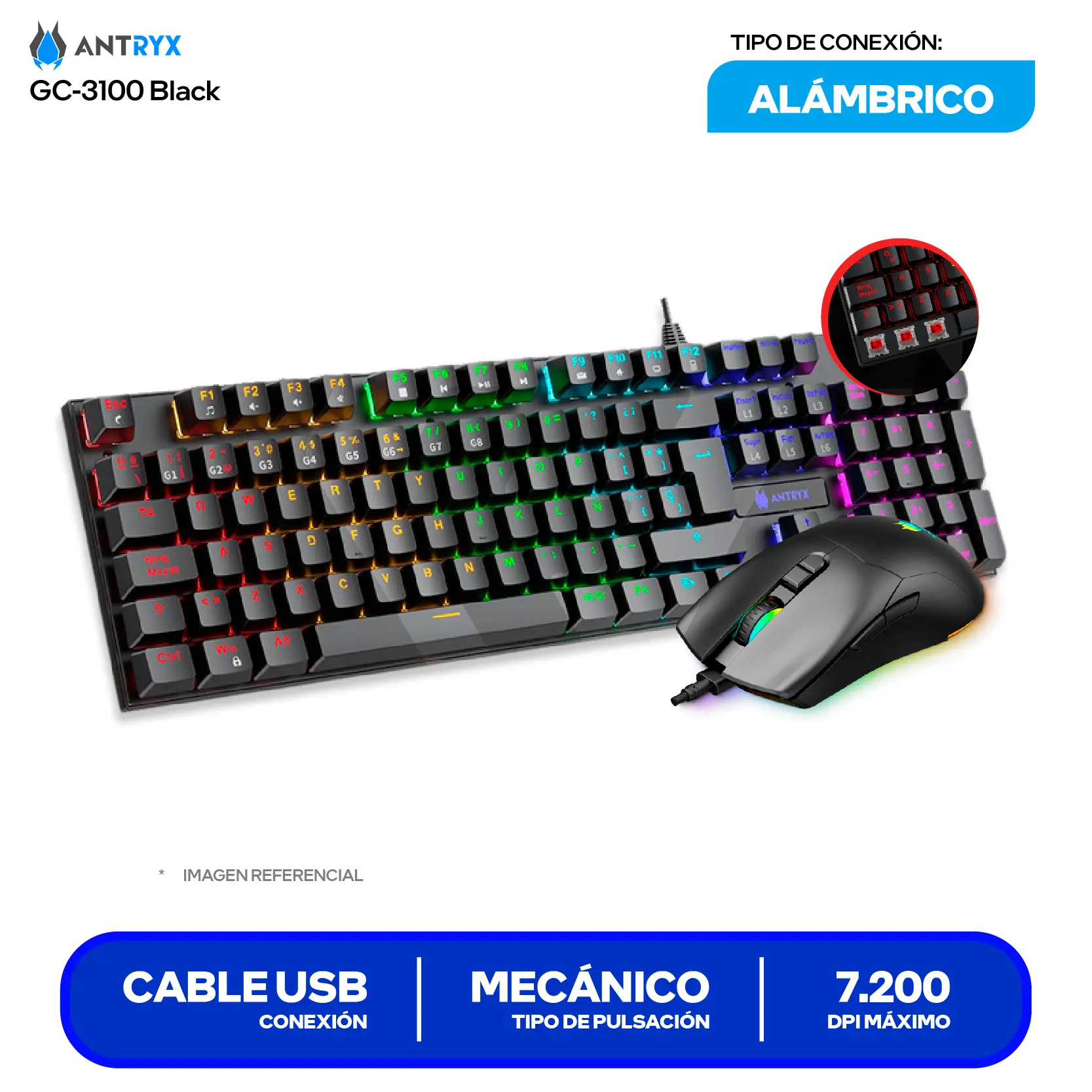 Kit Teclado + Mouse Gamer Antryx GC-3100 Negro (AGC-3100KRE-SP) Switch Red, RGB, 7200 DPI