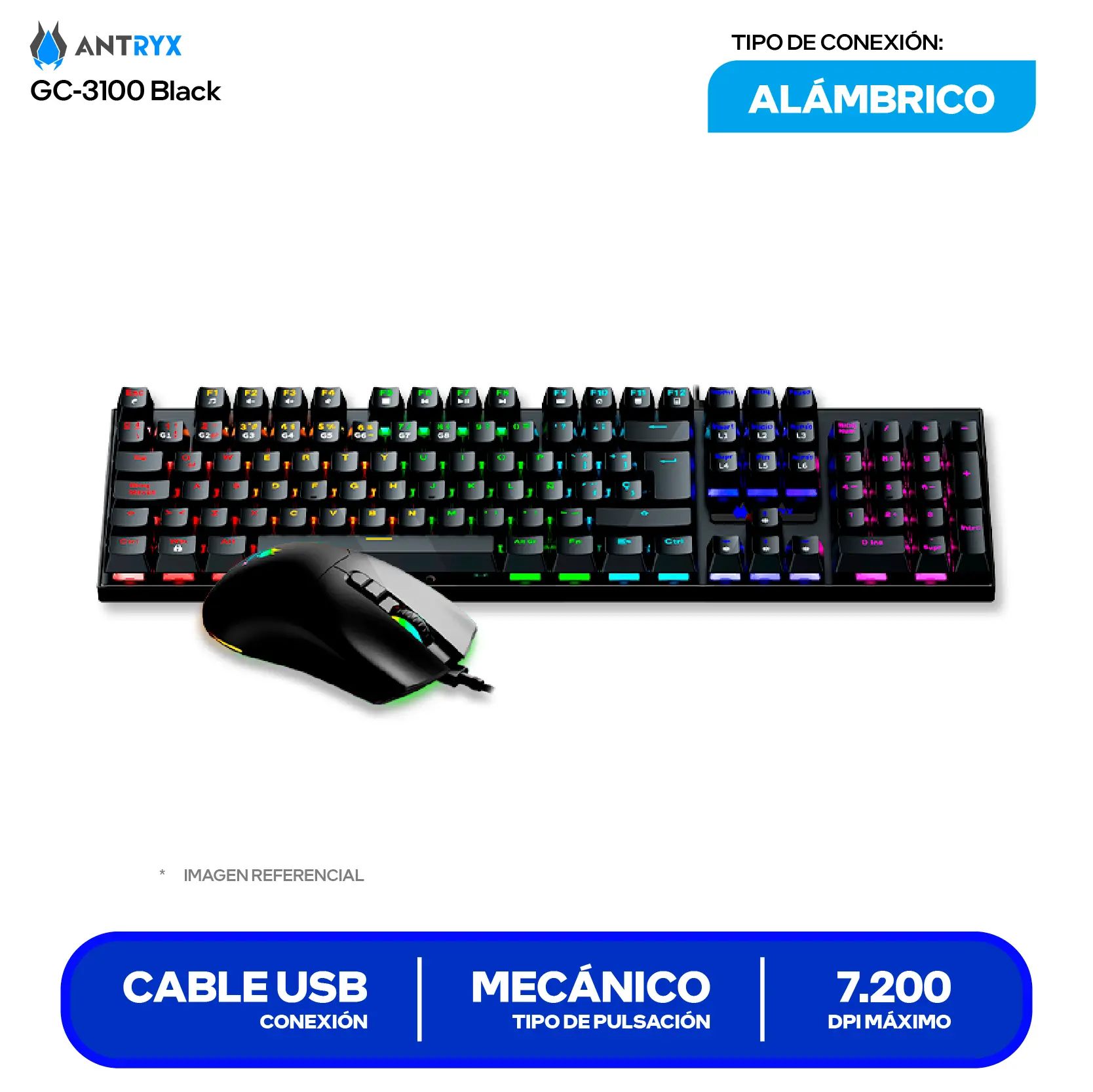 Kit Teclado + Mouse Gamer Antryx GC-3100 Negro (AGC-3100KRE-SP) Switch Red, RGB, 7200 DPI