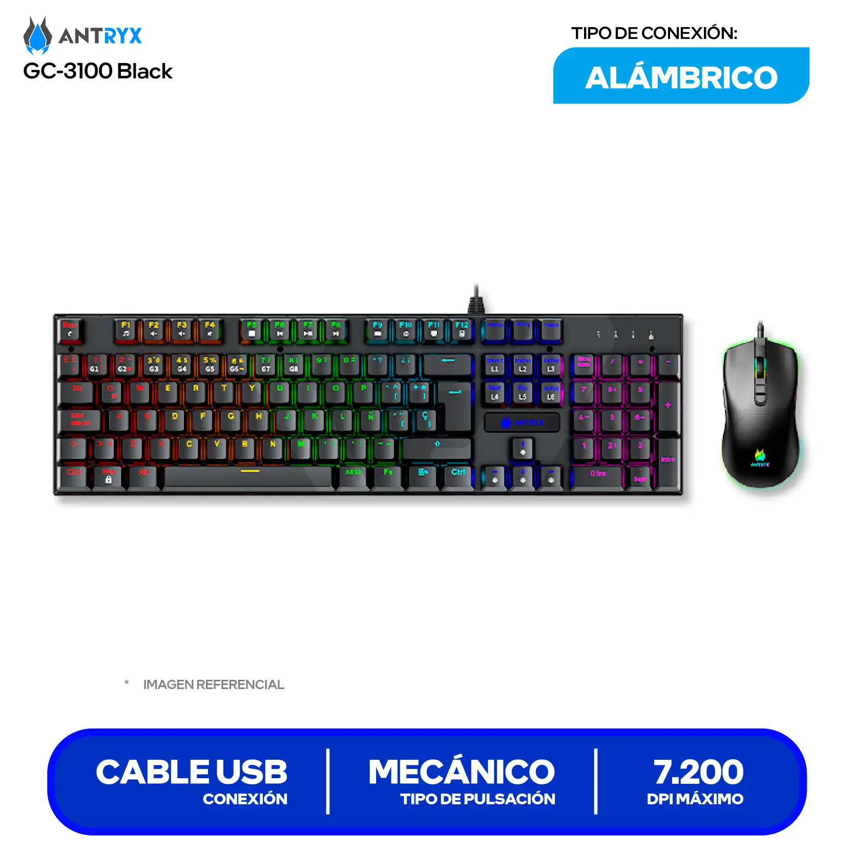 Kit Teclado + Mouse Gamer Antryx GC-3100 Negro (AGC-3100KBL-SP) Switch Azul, RGB, 7200 DPI