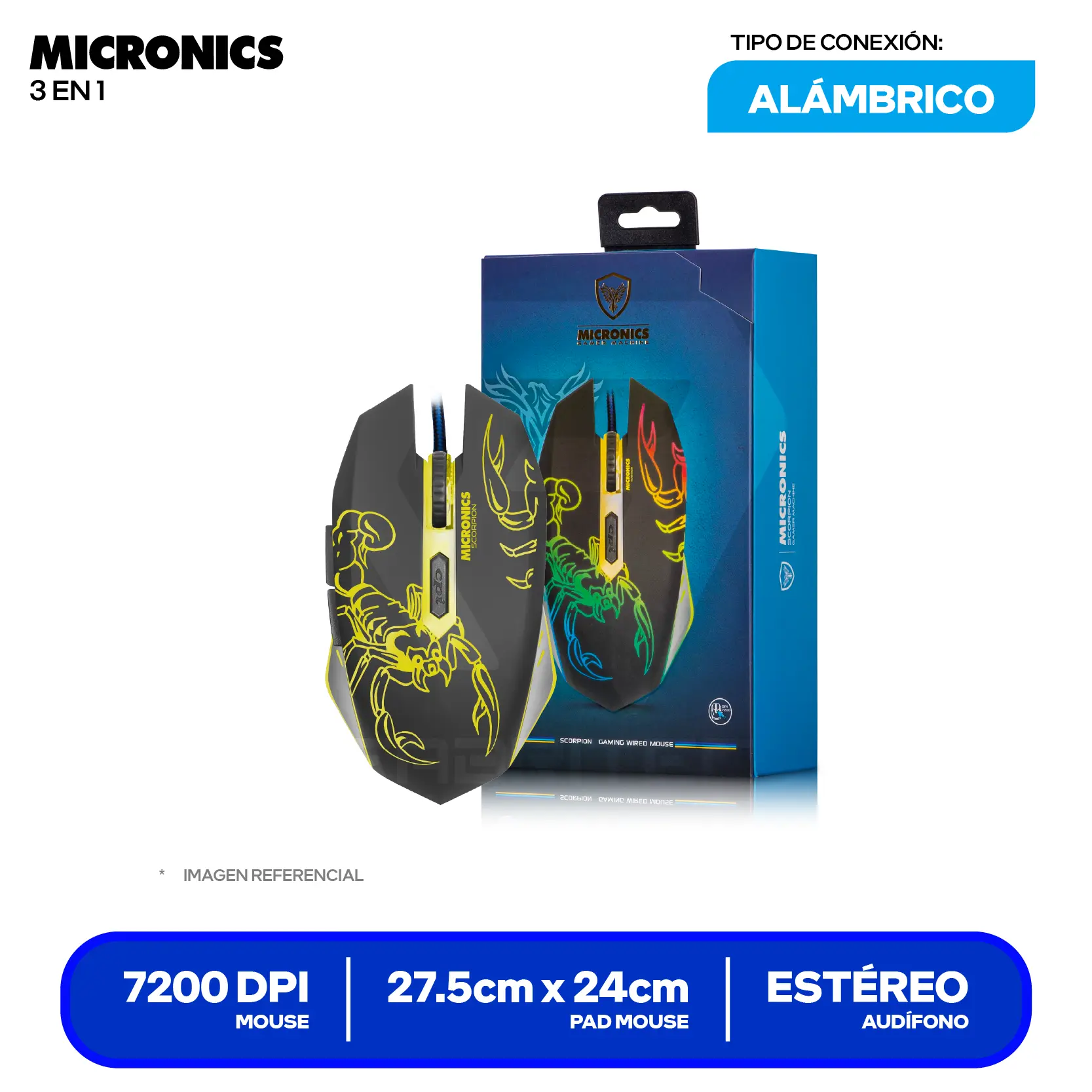 Kit Gamer Micronics 3 en 1 Mouse + Pad mouse + Audífono (MIC T1 29HI)