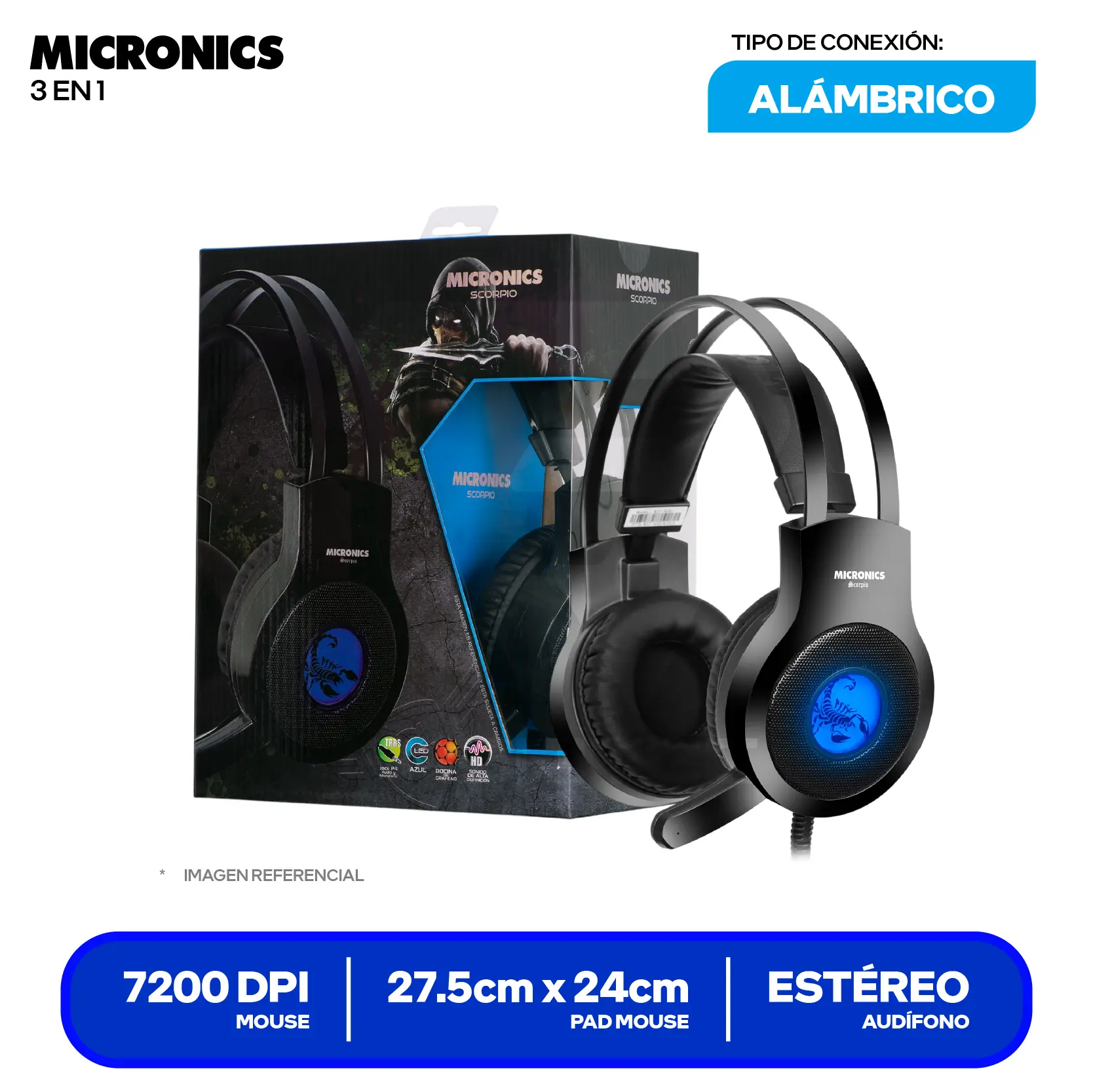 Kit Gamer Micronics 3 en 1 Mouse + Pad mouse + Audífono (MIC T1 29HI)