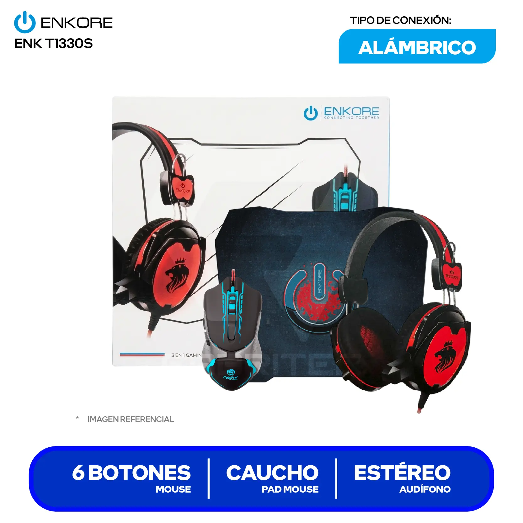 Kit Gamer Enkore 3 en 1 Mouse + Pad mouse + Audífono (ENK T1330S)