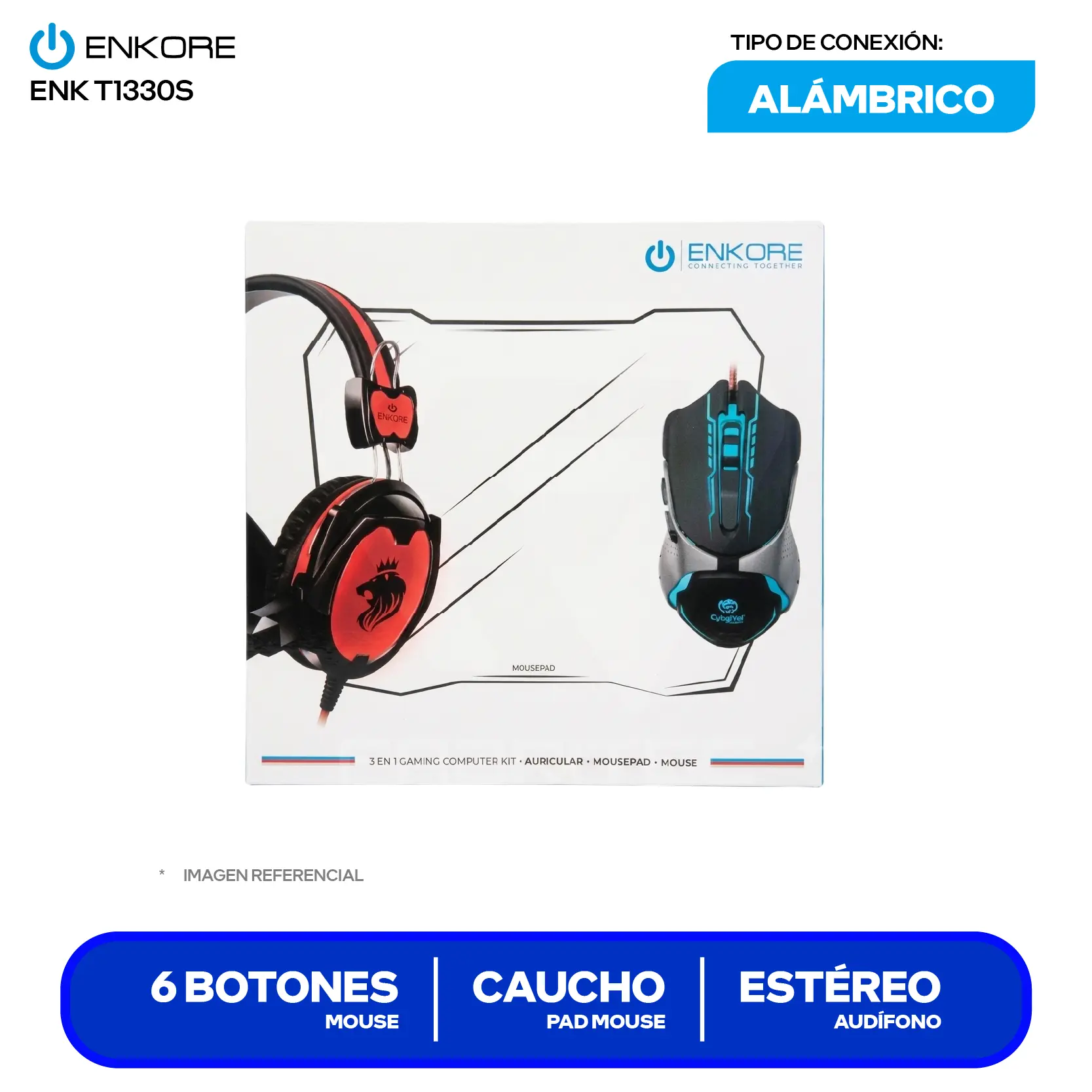 Kit Gamer Enkore 3 en 1 Mouse + Pad mouse + Audífono (ENK T1330S)