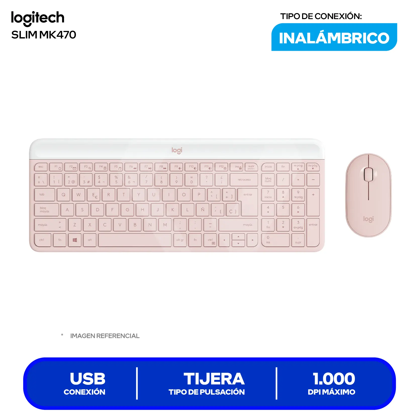 Kit Teclado + Mouse Inalámbrico Logitech Slim MK470 Rosa (920-011312) USB