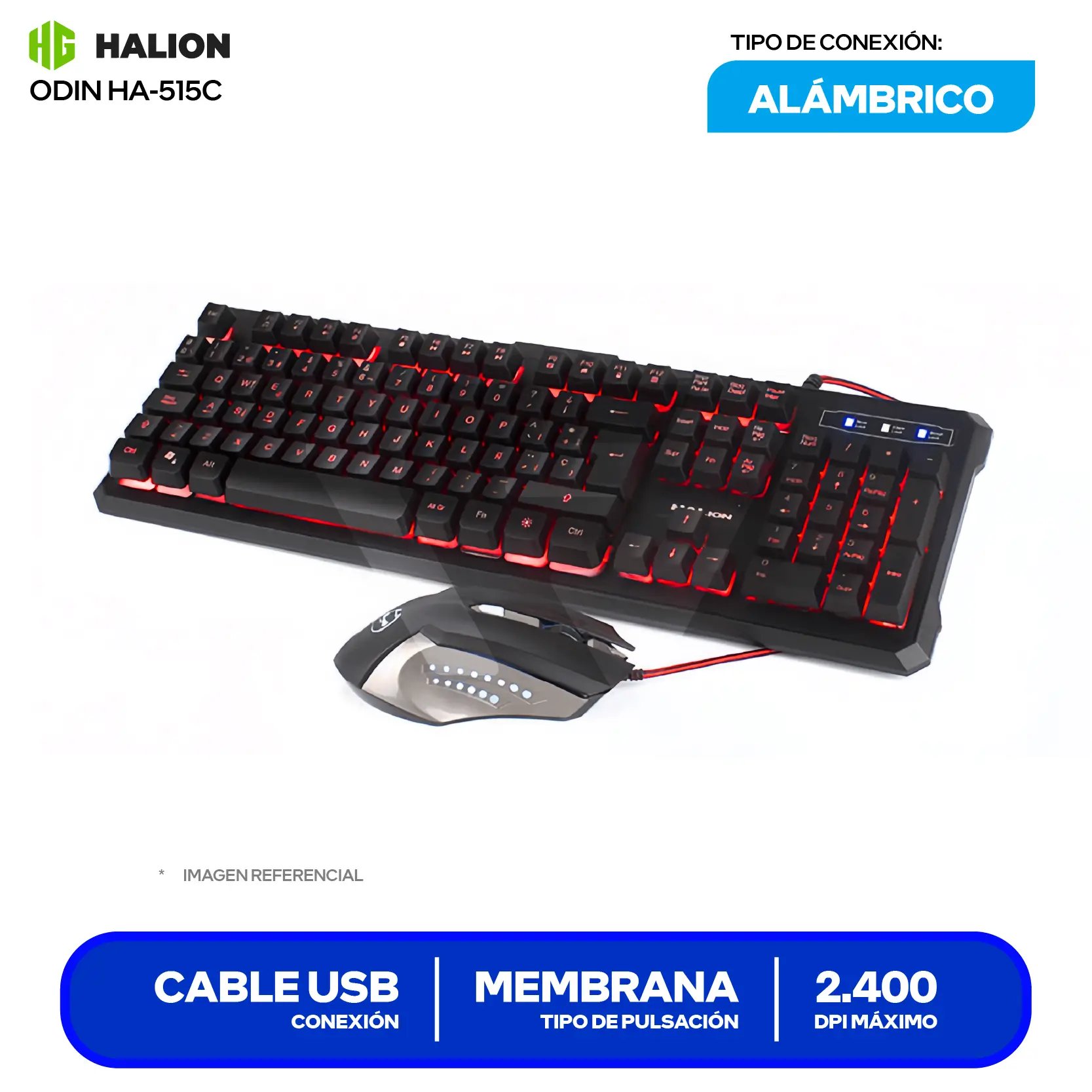 Kit Teclado + Mouse Gamer Halion Gaming Odin (HA-515C) Cable USB, Retroiluminación LED