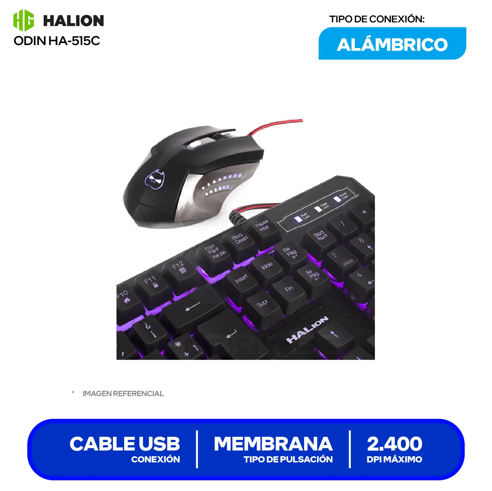 Kit Teclado + Mouse Gamer Halion Gaming Odin (HA-515C) Cable USB, Retroiluminación LED