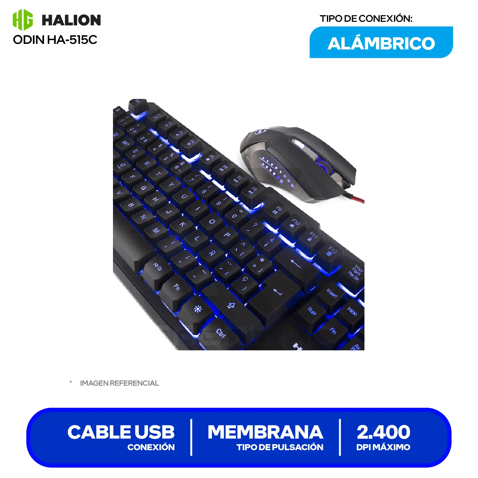 Kit Teclado + Mouse Gamer Halion Gaming Odin (HA-515C) Cable USB, Retroiluminación LED