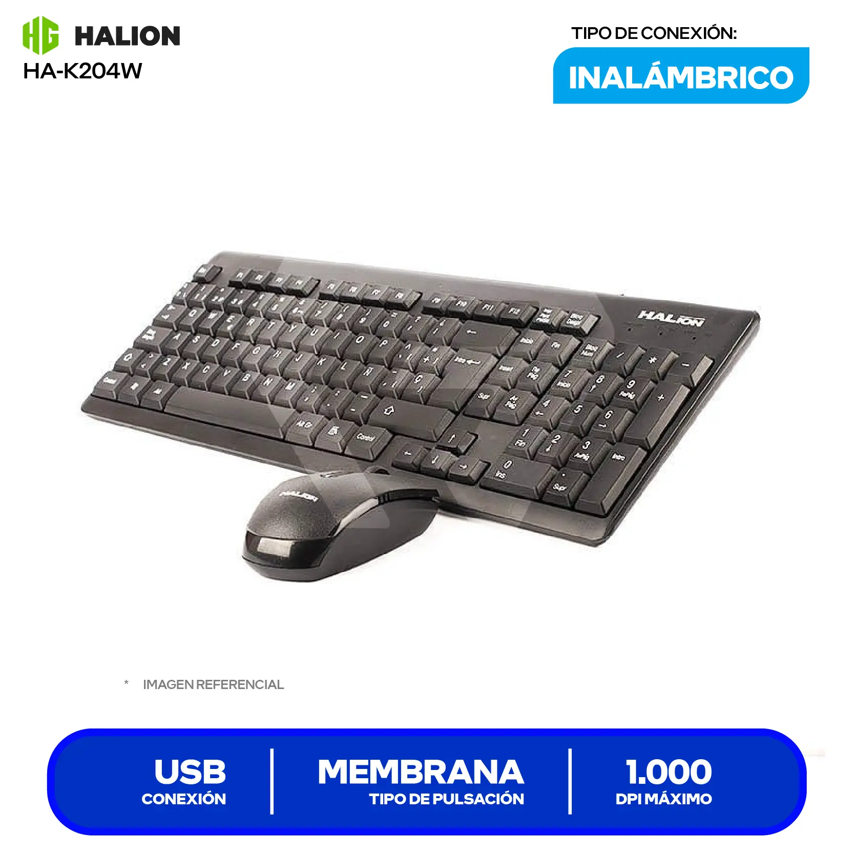 Kit Teclado + Mouse Inalámbrico Halion HA-K204W (HA-K204W) USB