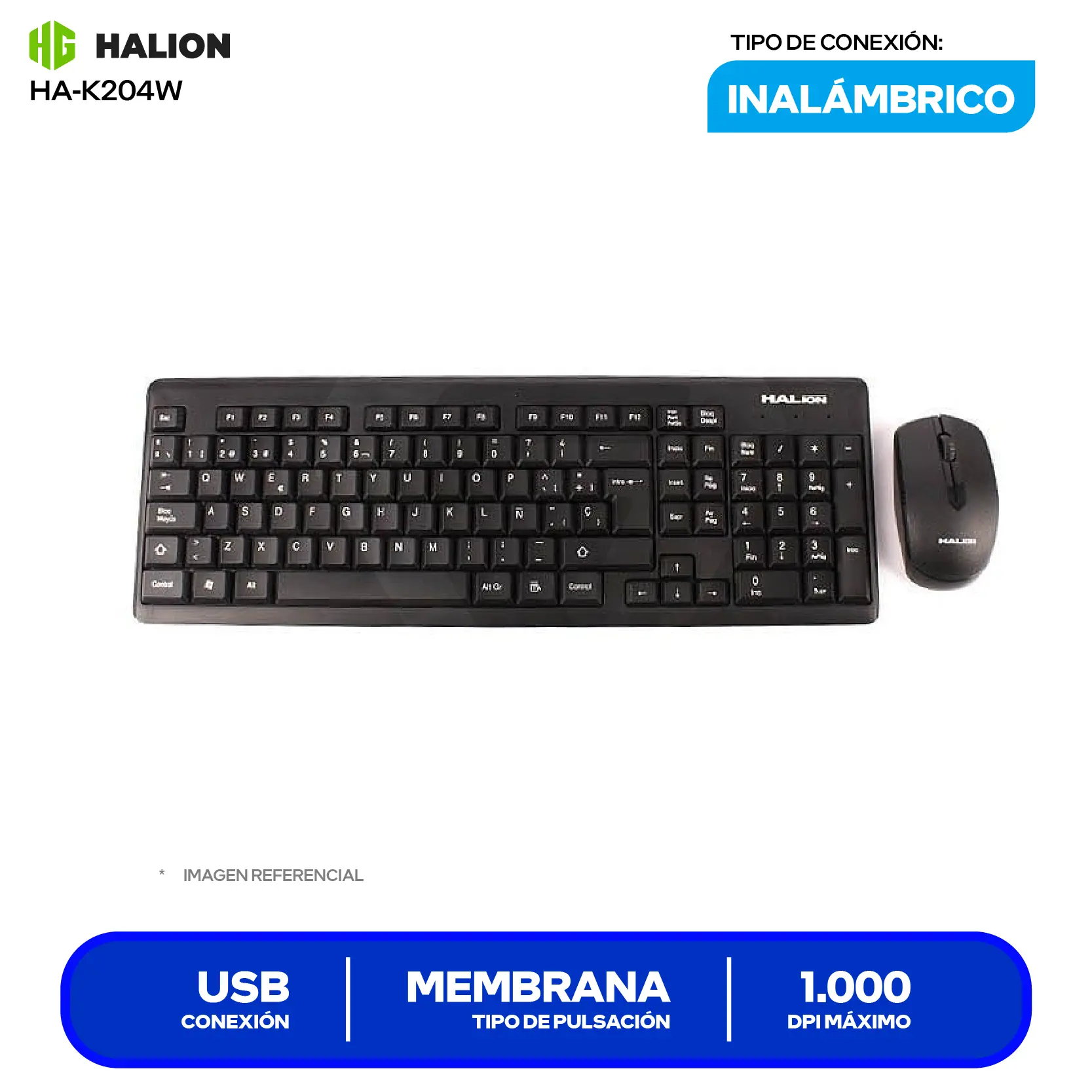 Kit Teclado + Mouse Inalámbrico Halion HA-K204W (HA-K204W) USB