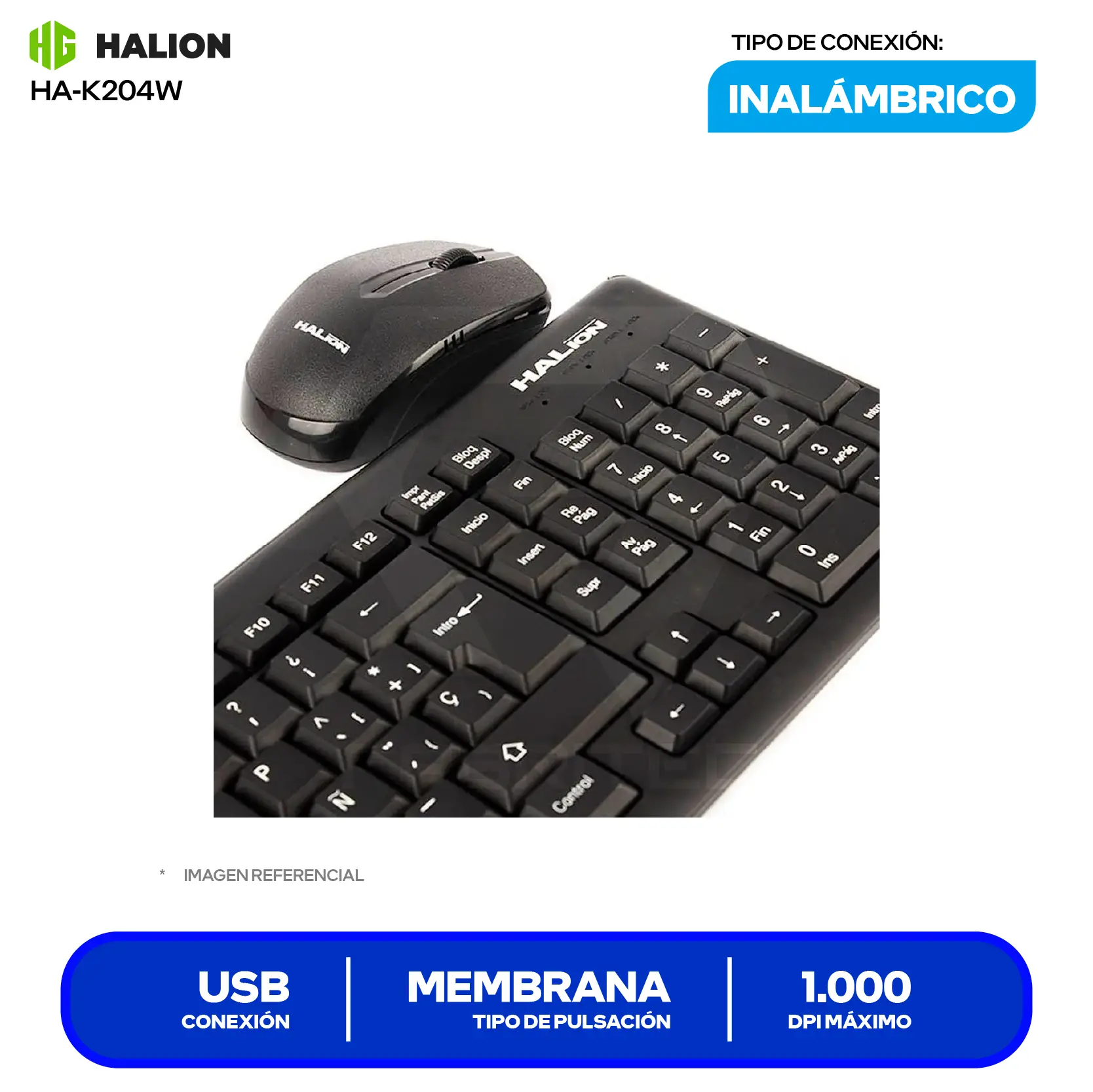 Kit Teclado + Mouse Inalámbrico Halion HA-K204W (HA-K204W) USB
