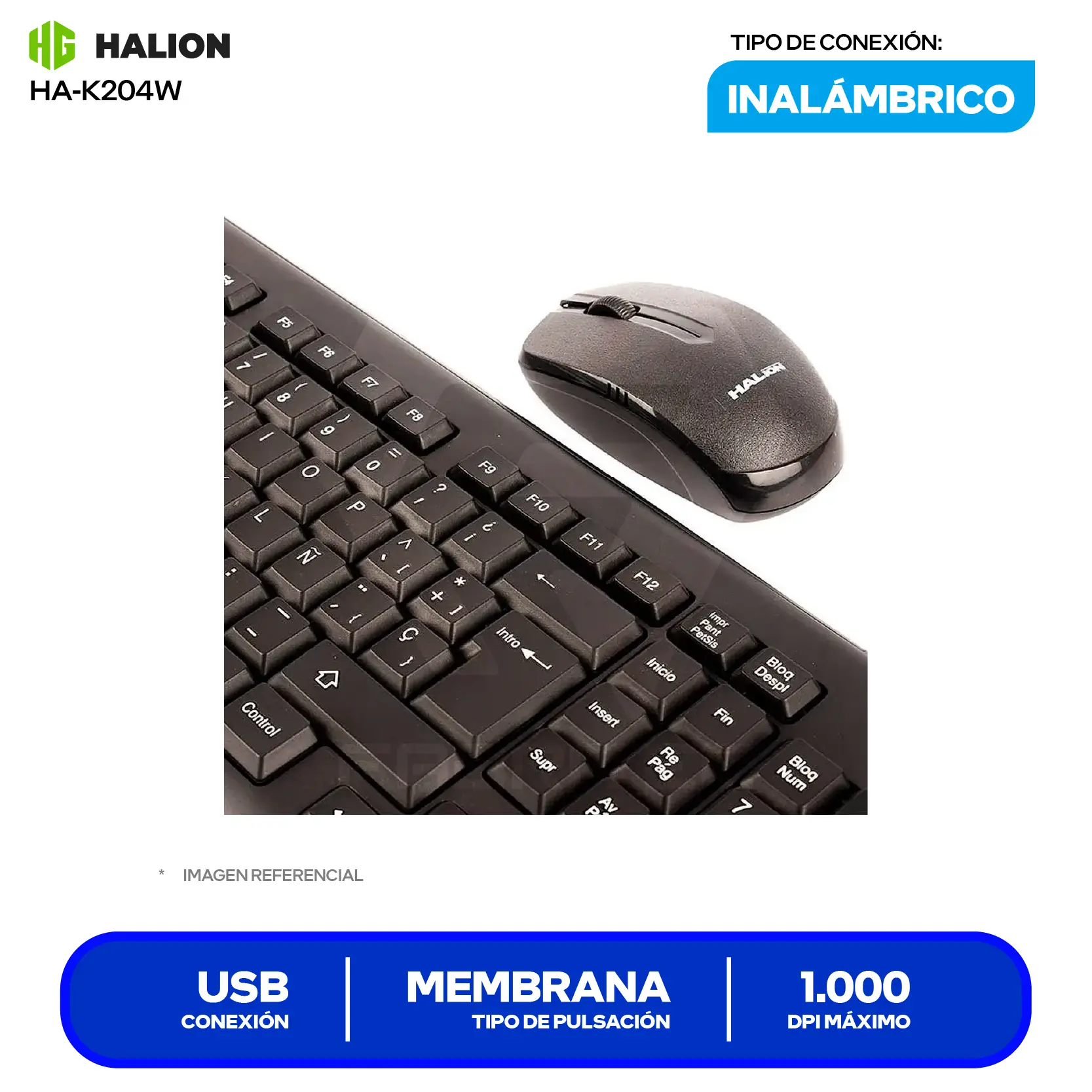 Kit Teclado + Mouse Inalámbrico Halion HA-K204W (HA-K204W) USB