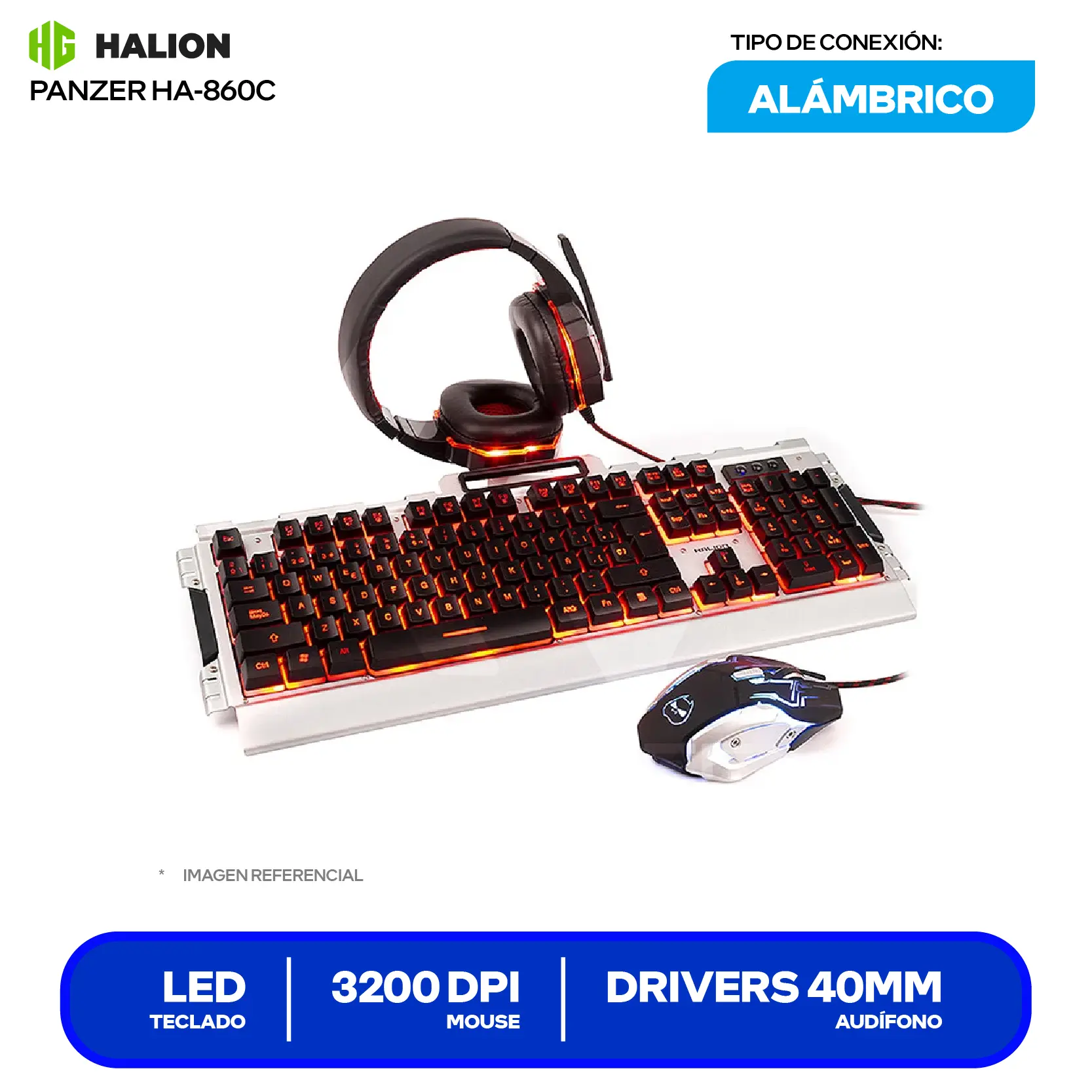 Kit Gamer 3 en 1 Teclado + Mouse + Audífono Halion Panzer (HA-860C) USB