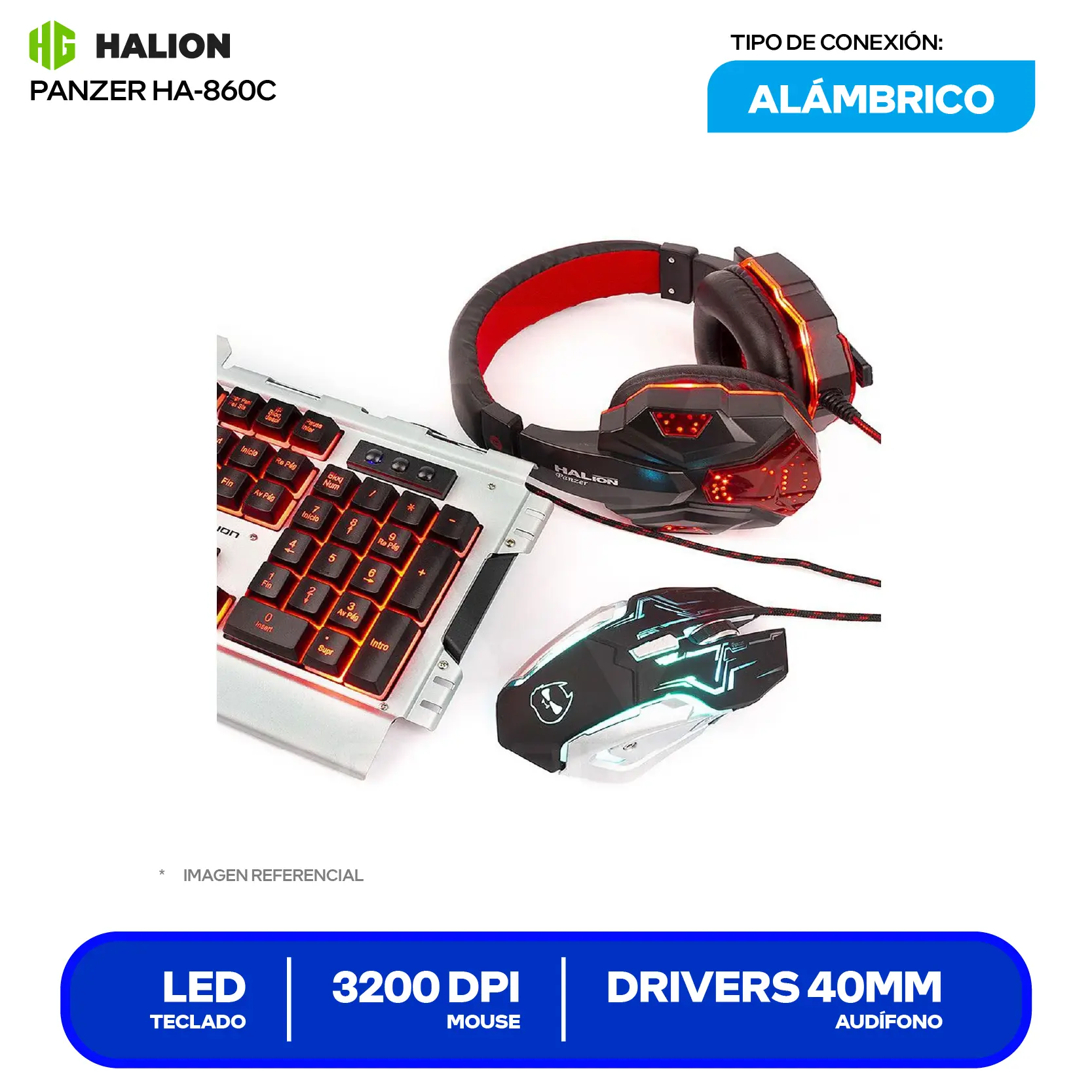 Kit Gamer 3 en 1 Teclado + Mouse + Audífono Halion Panzer (HA-860C) USB